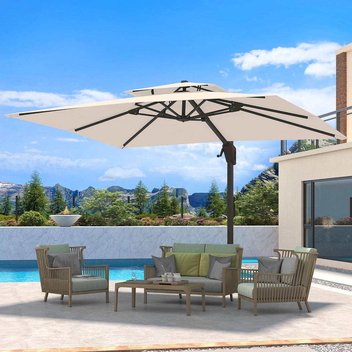 10 X 13 FT Cantilever Patio Umbrella with Base Included Outdoor Heavy Duty Double Top Windproof Rectangle Offset Umbrellas with 360-degree Rotation for Pool Deck Backyard, Beige