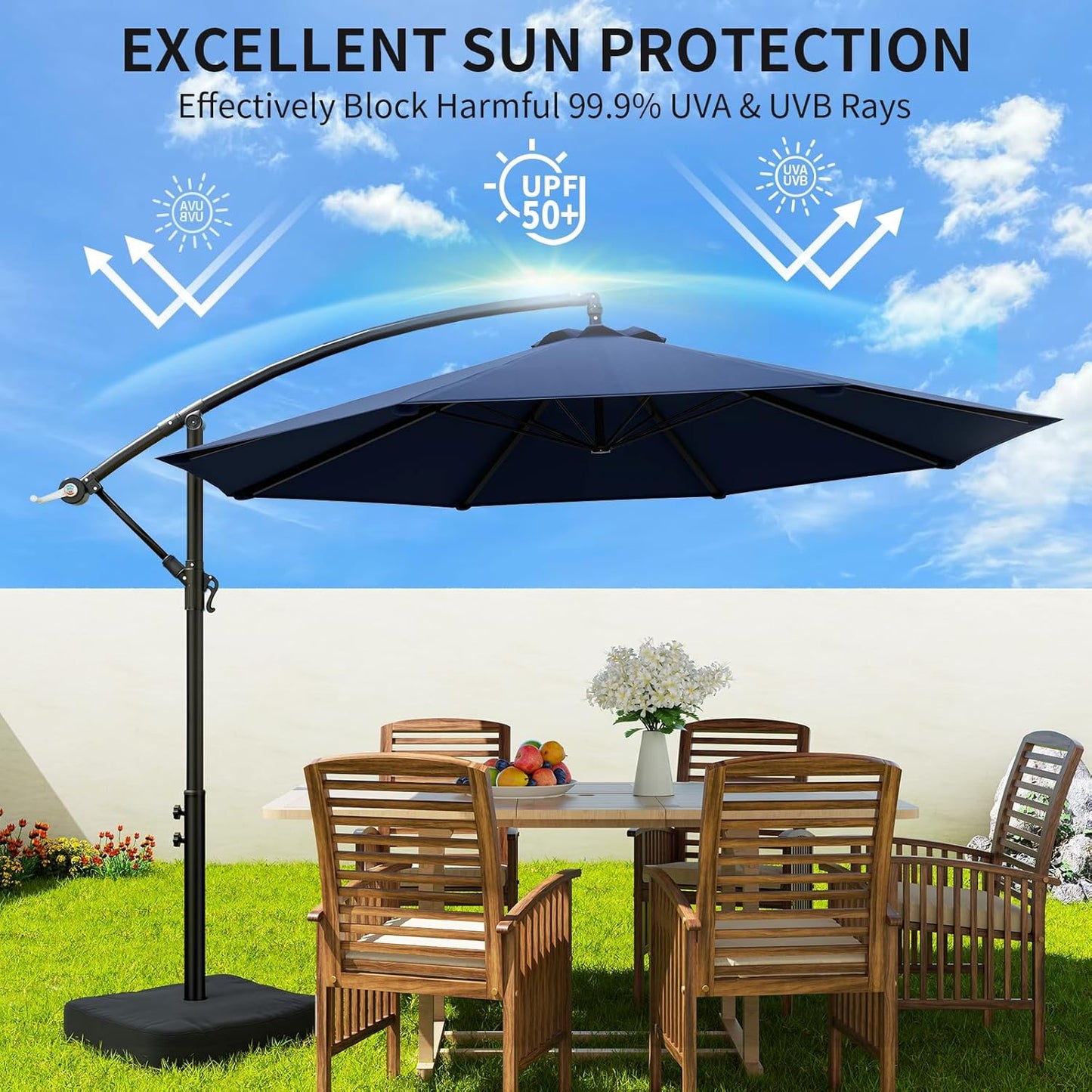 10ft Patio Umbrella with Base Included, Outdoor Offset Cantilever Umbrella w/Upgraded Yarn-dyed Fabric Shade, Sturdy 8 Rids, Easy Tilt Adjustment, for Pool Deck Porch Backyard Garden,Navy Blue