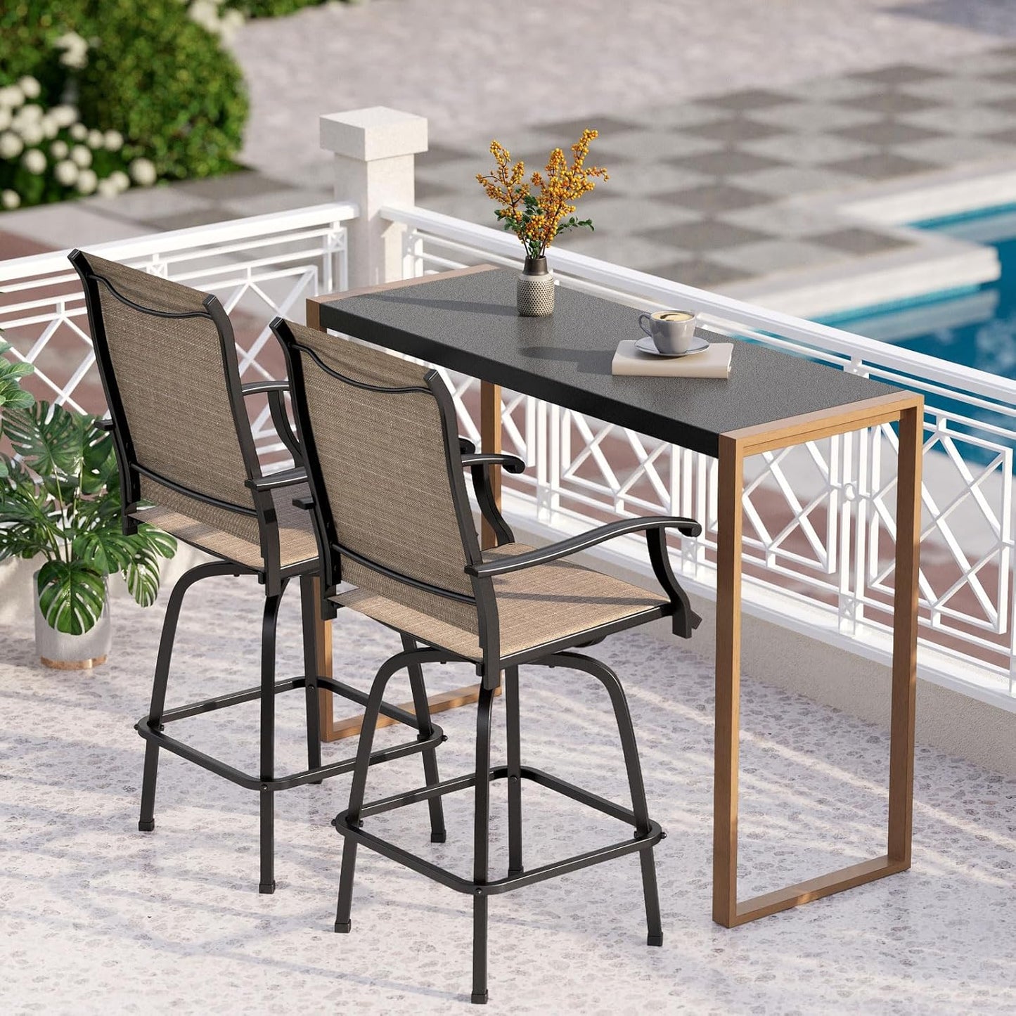 PHI VILLA 7 Piece High Patio Bar Dining Set, Bar Height Outdoor Table and Chairs Patio Furniture Set with 6 Patio Swivel Bar Stools & 40" Table for Garden, Yard and Terrace