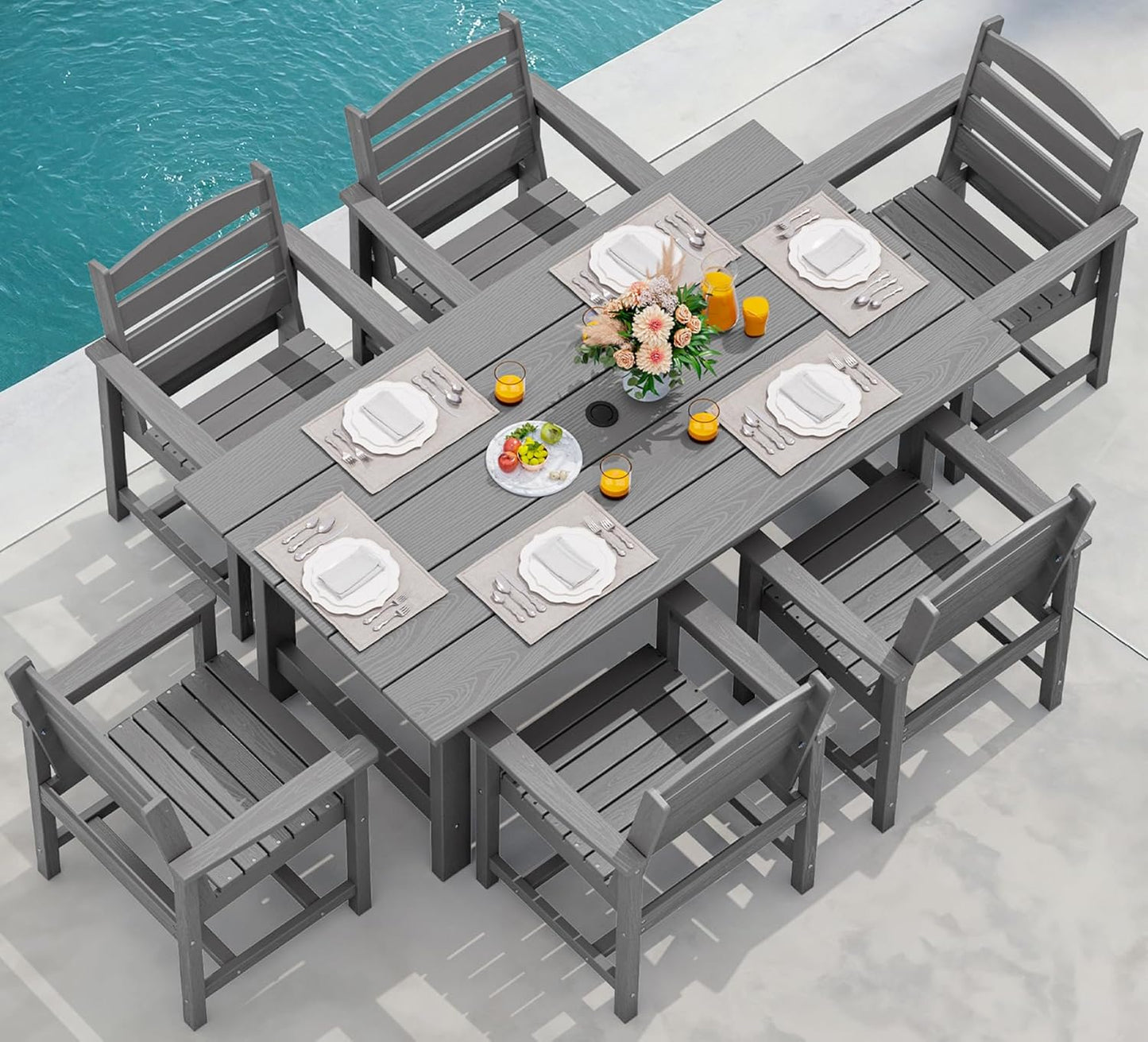 SERWALL 7-Piece Patio Dining Table Sets, Outdoor HDPE Dining Furniture Set with Umbrella Hole Cut-Out Table and 6 Chairs, White