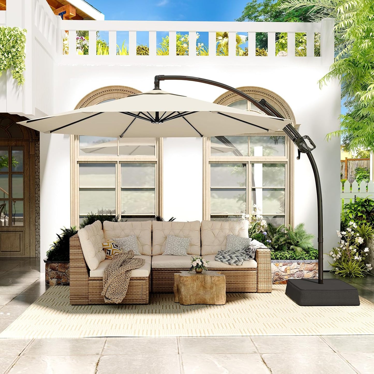 10 FT Cantilever Umbrella with Base Included, Patio Umbrella with Sandbags Base, Sturdy Cantilever Patio Umbrellas, Outdoor Hanging Umbrella for Deck, Pool, Backyard, Garden, 240G/M2, UPF50+