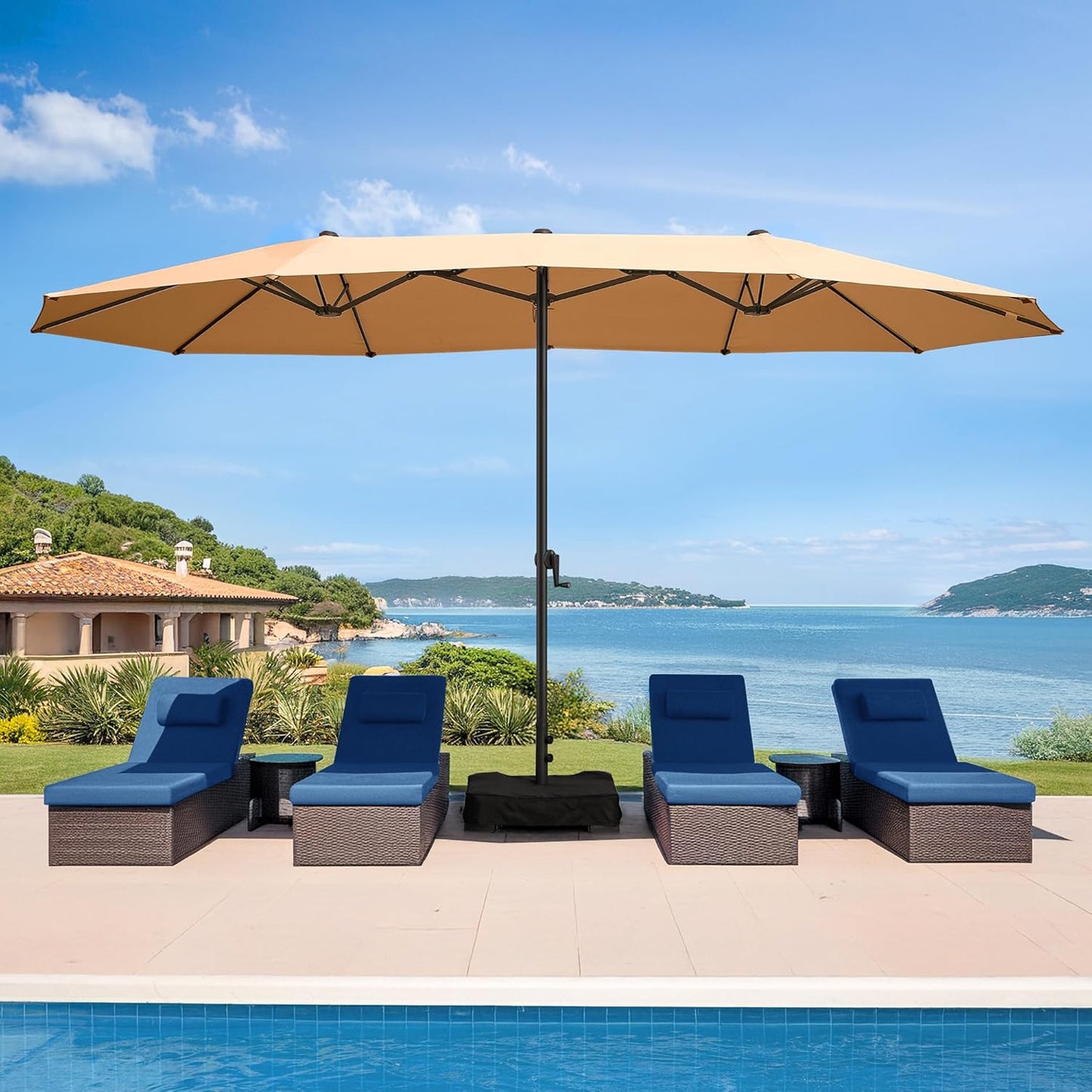 10ft Patio Umbrella with Base Included, Outdoor Offset Cantilever Umbrella w/Upgraded Yarn-dyed Fabric Shade, Sturdy 8 Rids, Easy Tilt Adjustment, for Pool Deck Porch Backyard Garden,Navy Blue