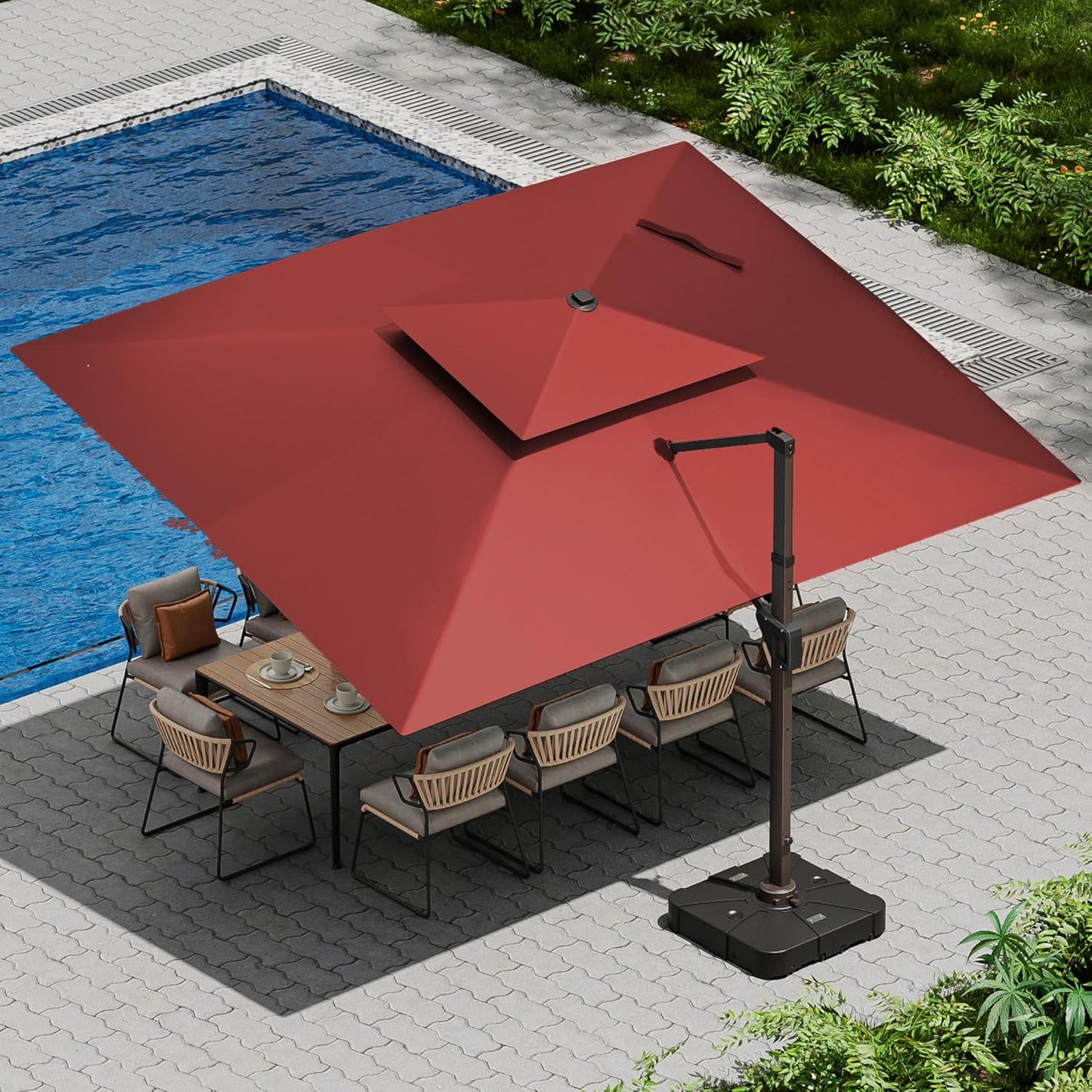 10 X 13 FT Cantilever Patio Umbrella with Base Included Outdoor Heavy Duty Double Top Windproof Rectangle Offset Umbrellas with 360-degree Rotation for Pool Deck Backyard, Beige