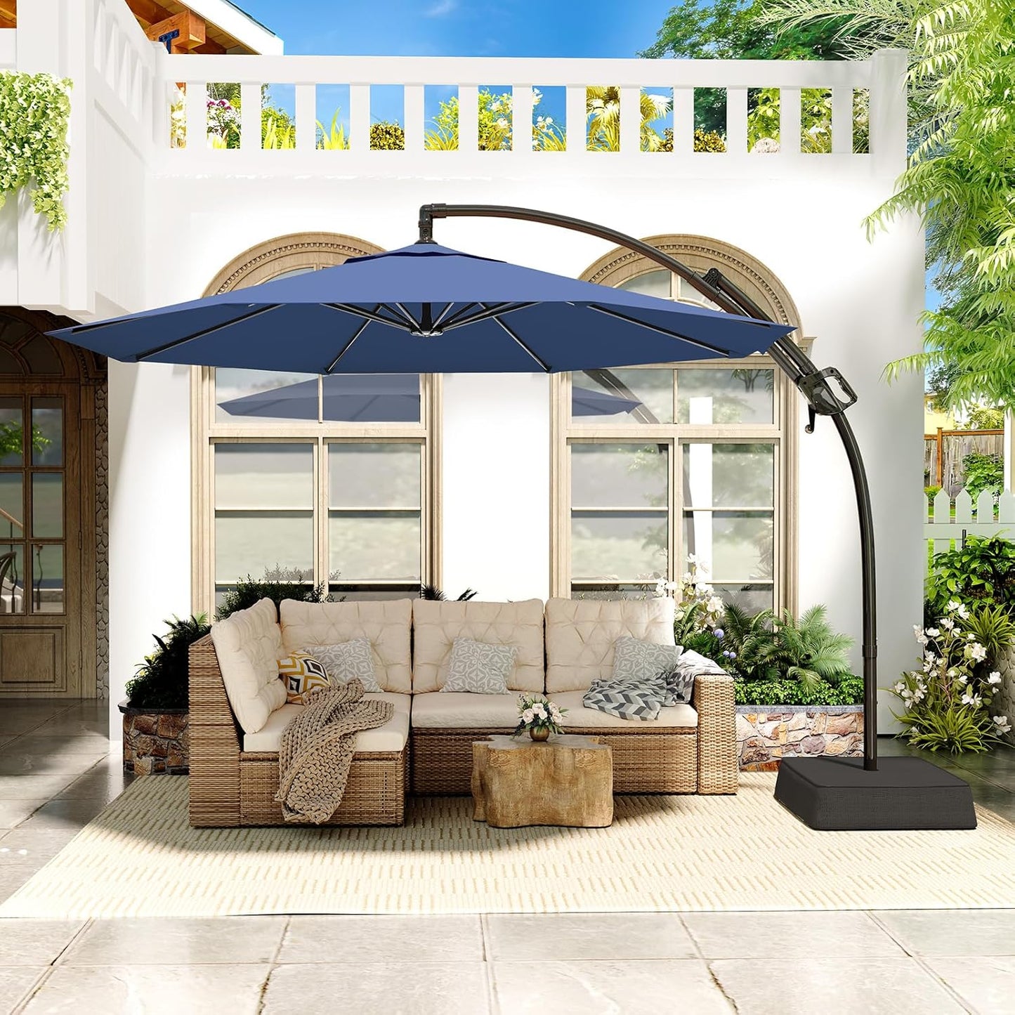 10 FT Cantilever Umbrella with Base Included, Patio Umbrella with Sandbags Base, Sturdy Cantilever Patio Umbrellas, Outdoor Hanging Umbrella for Deck, Pool, Backyard, Garden, 240G/M2, UPF50+