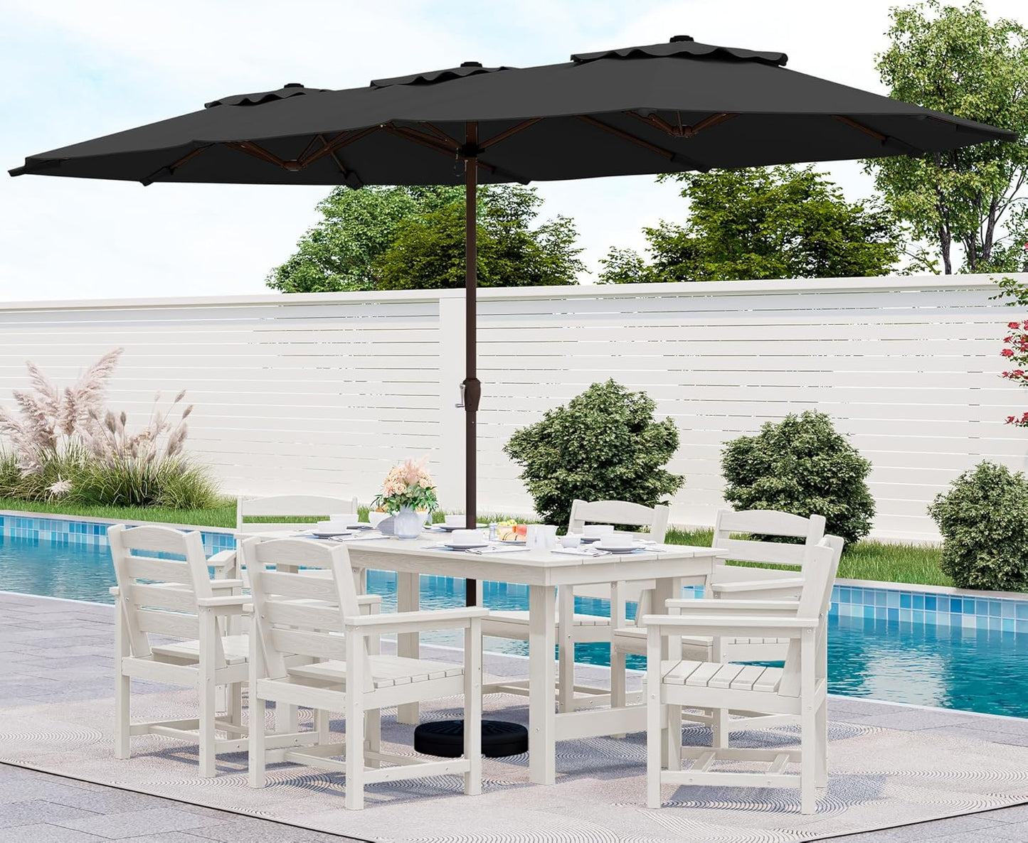SERWALL 7-Piece Patio Dining Table Sets, Outdoor HDPE Dining Furniture Set with Umbrella Hole Cut-Out Table and 6 Chairs, White