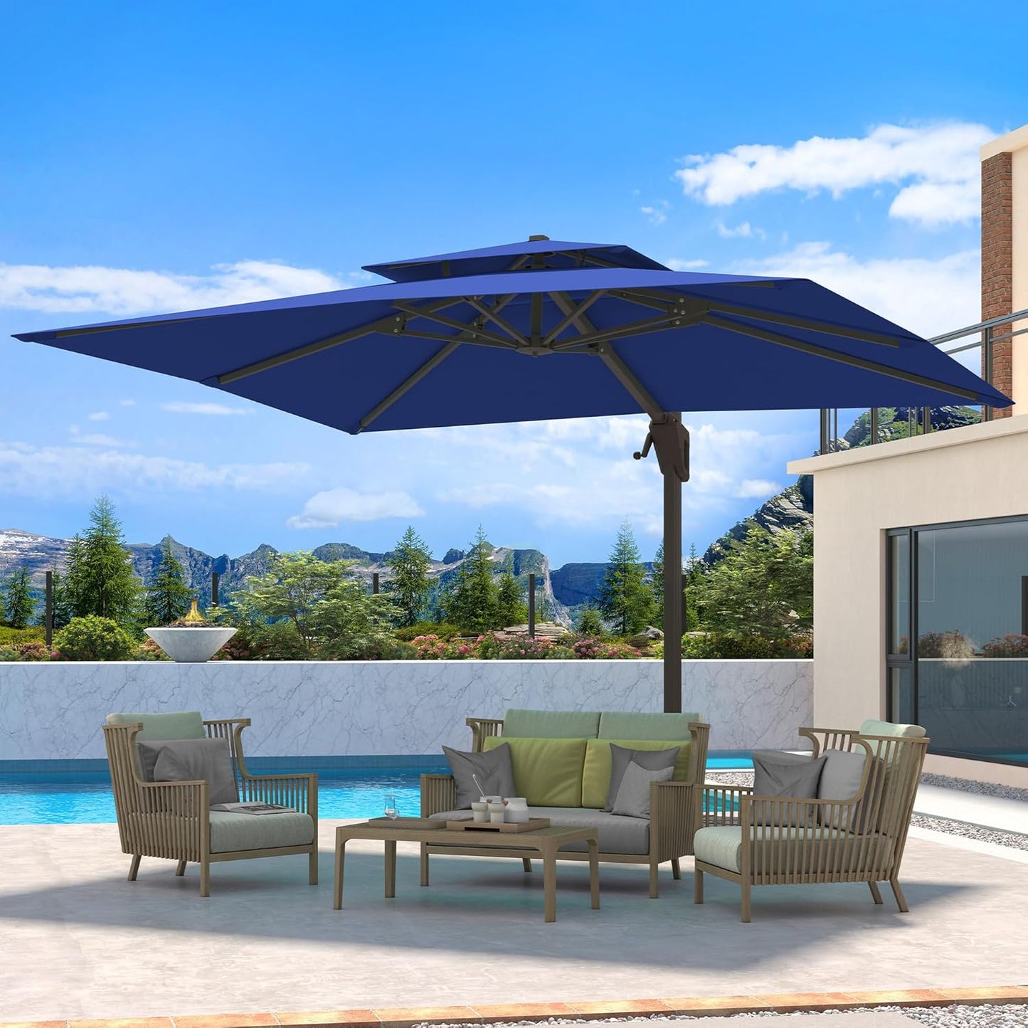10 X 13 FT Cantilever Patio Umbrella with Base Included Outdoor Heavy Duty Double Top Windproof Rectangle Offset Umbrellas with 360-degree Rotation for Pool Deck Backyard, Beige