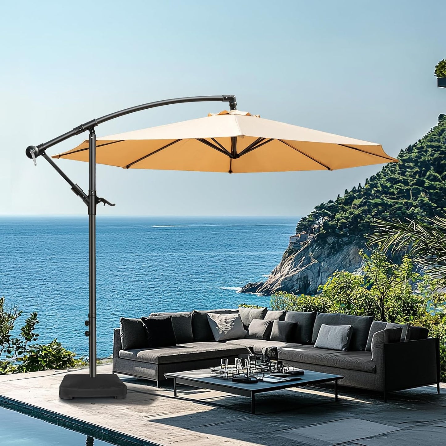 10ft Offset Patio Umbrella with Base Included, Hanging Cantilever Patio Outdoor Market Umbrella UPF50+ UV Protection with Easy Tilt and Crank, 8 Ribs Umbrella for Patio Pool Garden Deck