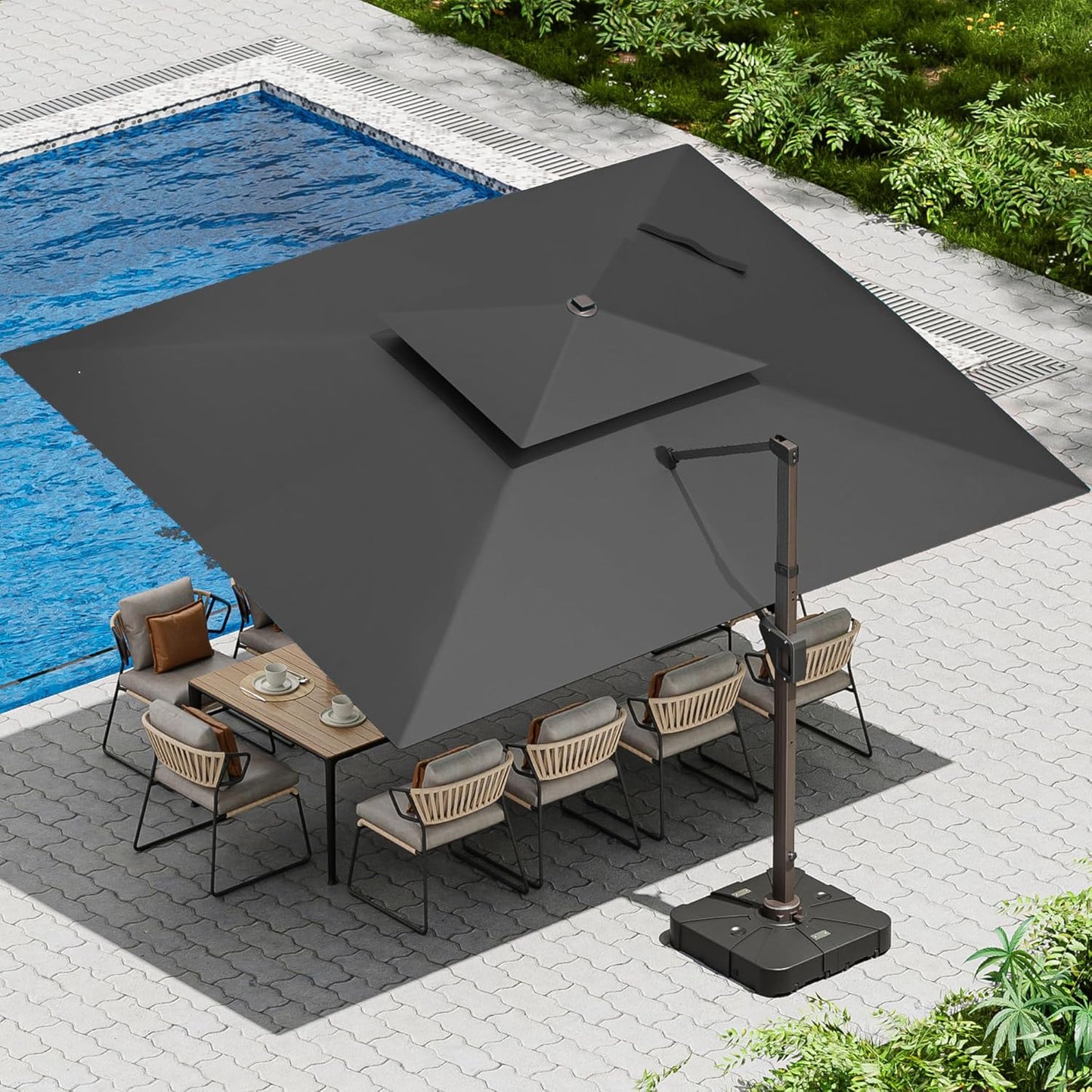 10 X 13 FT Cantilever Patio Umbrella with Base Included Outdoor Heavy Duty Double Top Windproof Rectangle Offset Umbrellas with 360-degree Rotation for Pool Deck Backyard, Beige