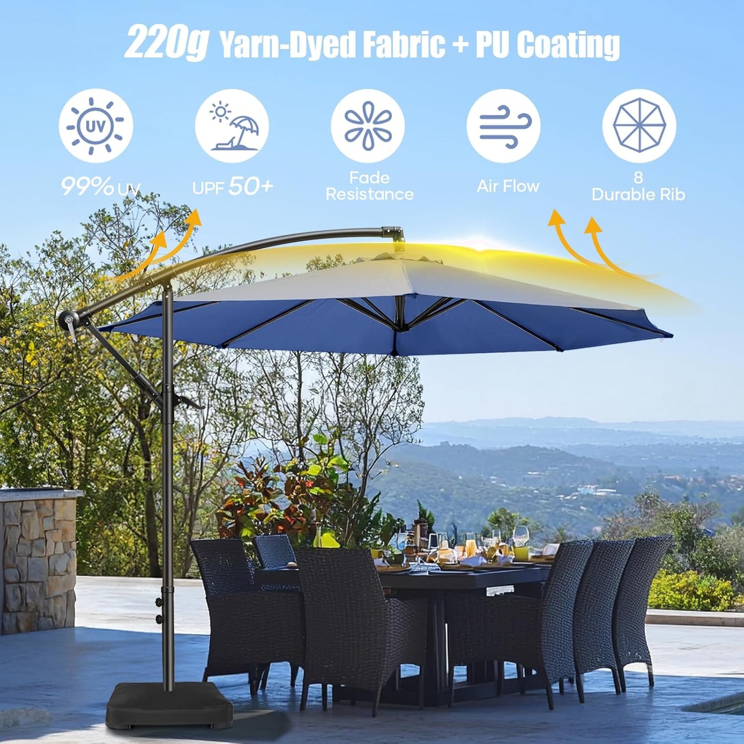 10ft Offset Patio Umbrella with Base Included, Hanging Cantilever Patio Outdoor Market Umbrella UPF50+ UV Protection with Easy Tilt and Crank, 8 Ribs Umbrella for Patio Pool Garden Deck