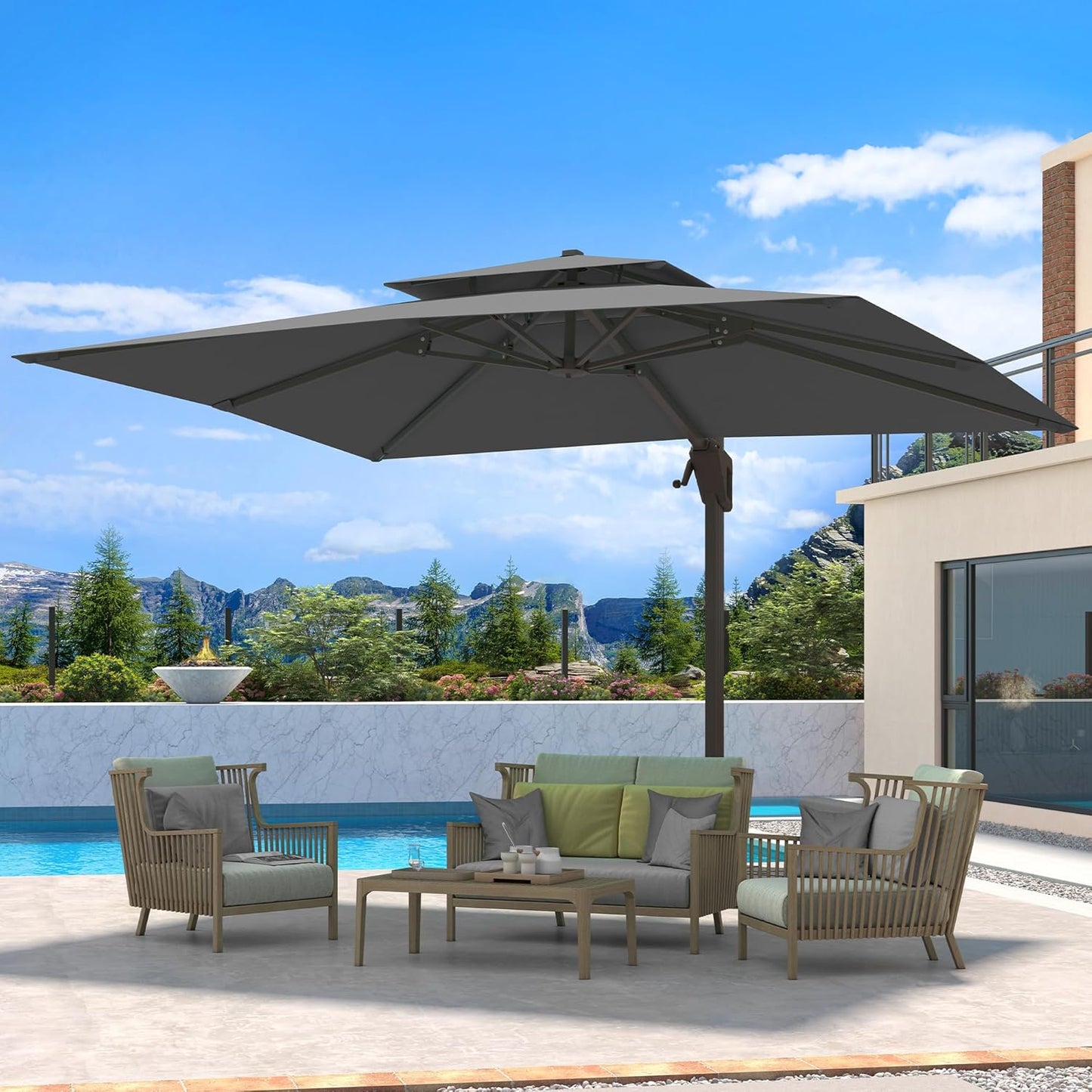 10 X 13 FT Cantilever Patio Umbrella with Base Included Outdoor Heavy Duty Double Top Windproof Rectangle Offset Umbrellas with 360-degree Rotation for Pool Deck Backyard, Beige