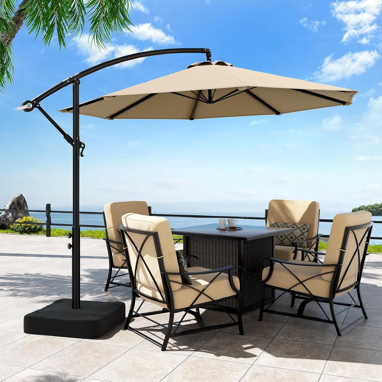 10ft Patio Umbrella with Base Included, Outdoor Offset Cantilever Umbrella w/Upgraded Yarn-dyed Fabric Shade, Sturdy 8 Rids, Easy Tilt Adjustment, for Pool Deck Porch Backyard Garden,Navy Blue