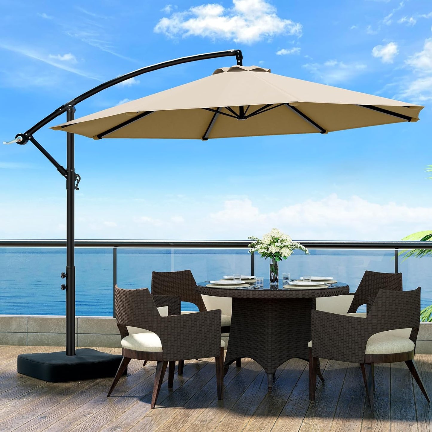 10ft Patio Umbrella with Base Included, Outdoor Offset Cantilever Umbrella w/Upgraded Yarn-dyed Fabric Shade, Sturdy 8 Rids, Easy Tilt Adjustment, for Pool Deck Porch Backyard Garden,Navy Blue
