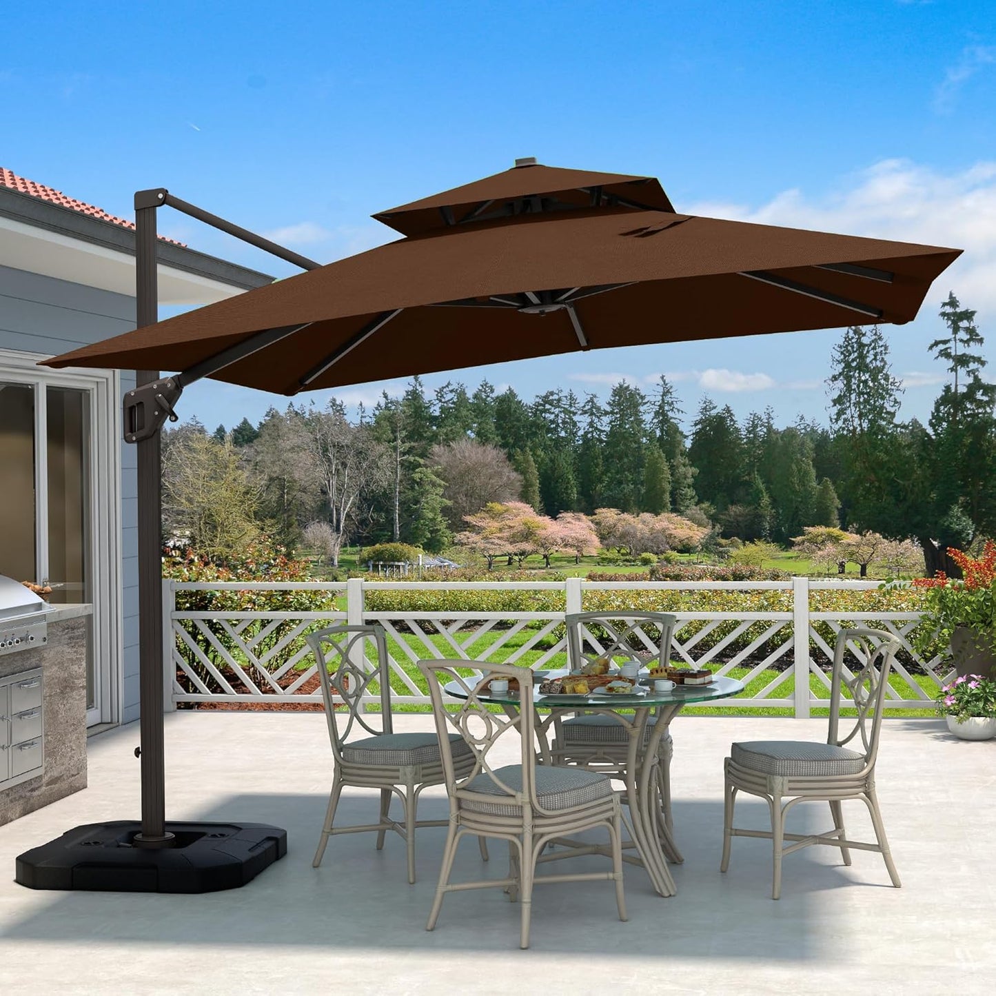 10 X 13 FT Cantilever Patio Umbrella with Base Included Outdoor Heavy Duty Double Top Windproof Rectangle Offset Umbrellas with 360-degree Rotation for Pool Deck Backyard, Beige