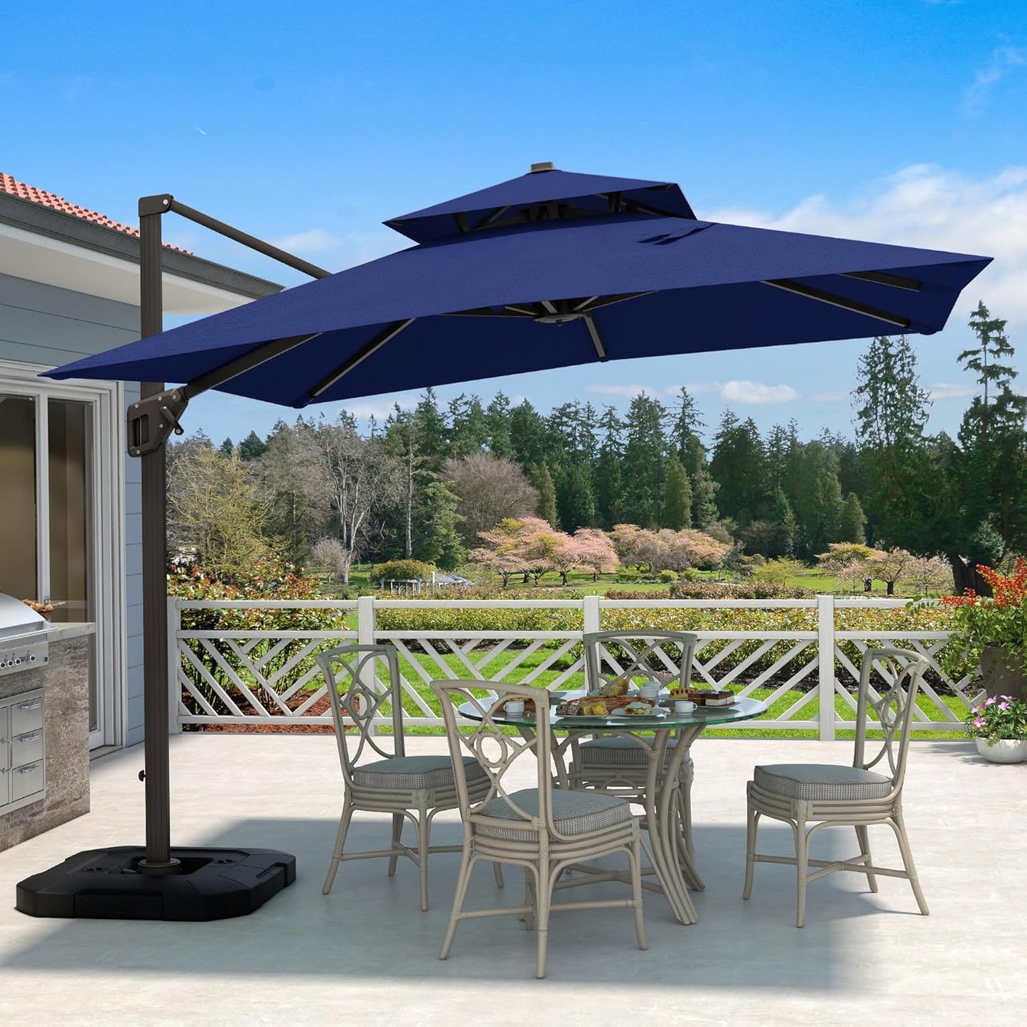 10 X 13 FT Cantilever Patio Umbrella with Base Included Outdoor Heavy Duty Double Top Windproof Rectangle Offset Umbrellas with 360-degree Rotation for Pool Deck Backyard, Beige