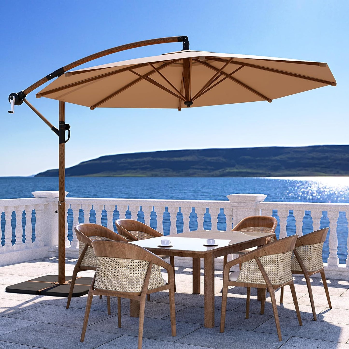 COSIEST 9 x 11.5FT Offset Patio Umbrella, Cantilever Hanging Outdoor Umbrella w/360-degree Rotation, Handy Crank, UV & Waterproof Canopy, 6 Ribs for Market, Backyard, Poolside, Garden