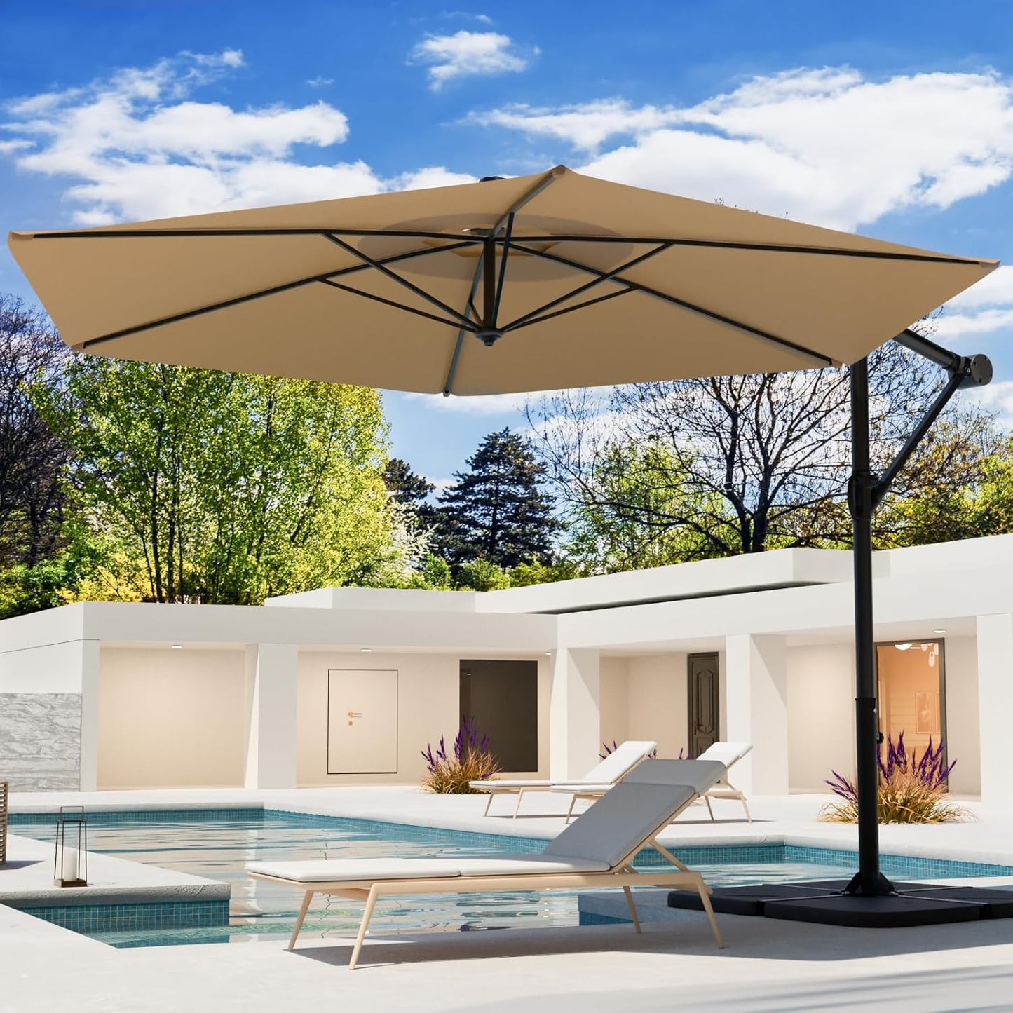 COSIEST 9 x 11.5FT Offset Patio Umbrella, Cantilever Hanging Outdoor Umbrella w/360-degree Rotation, Handy Crank, UV & Waterproof Canopy, 6 Ribs for Market, Backyard, Poolside, Garden