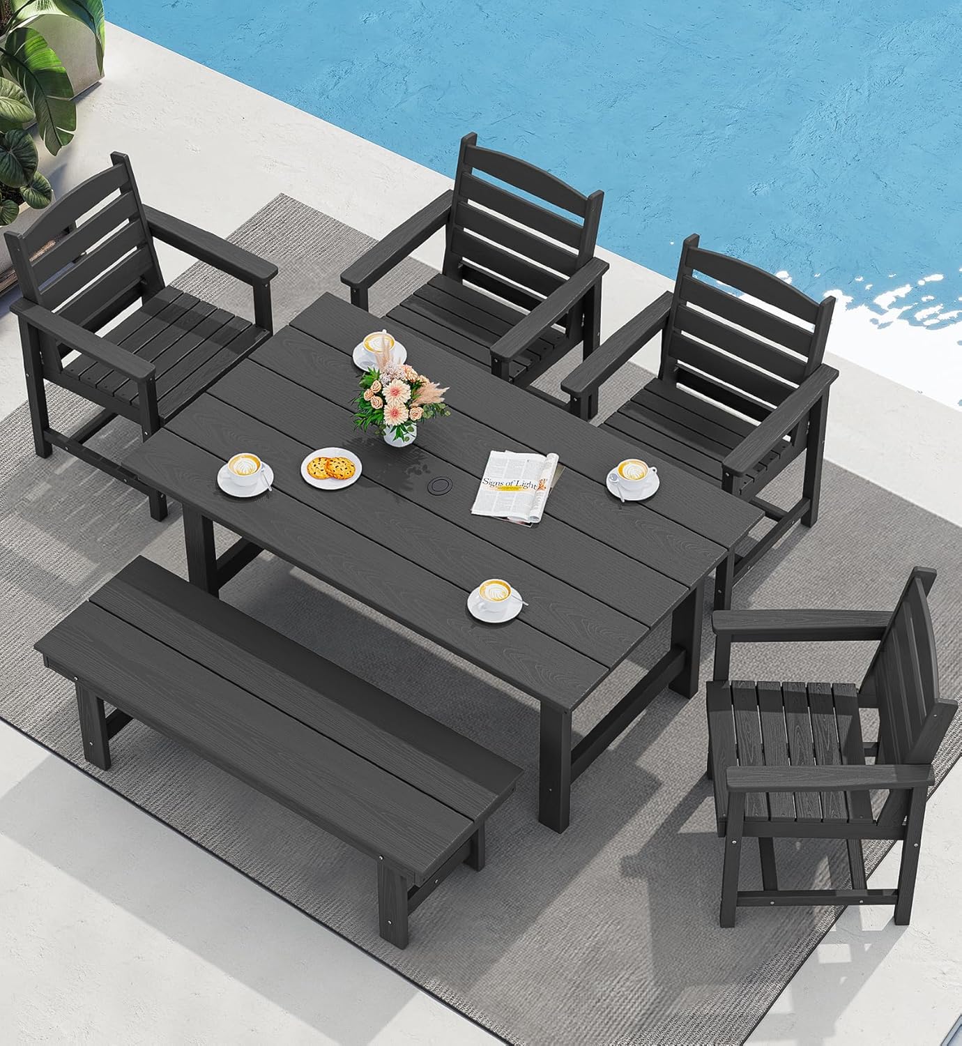 SERWALL 7-Piece Patio Dining Table Sets, Outdoor HDPE Dining Furniture Set with Umbrella Hole Cut-Out Table and 6 Chairs, White