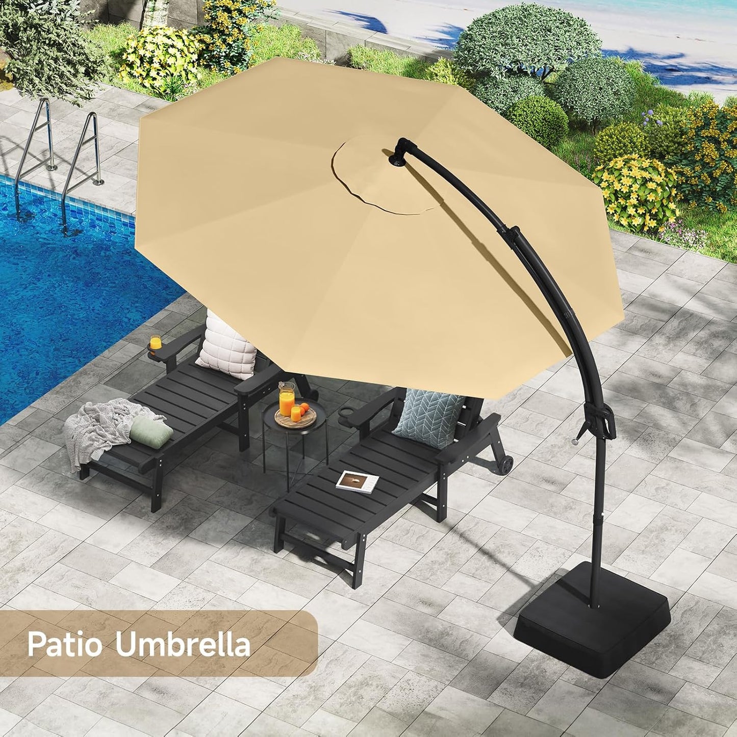 10 FT Cantilever Umbrella with Base Included, Patio Umbrella with Sandbags Base, Sturdy Cantilever Patio Umbrellas, Outdoor Hanging Umbrella for Deck, Pool, Backyard, Garden, 240G/M2, UPF50+