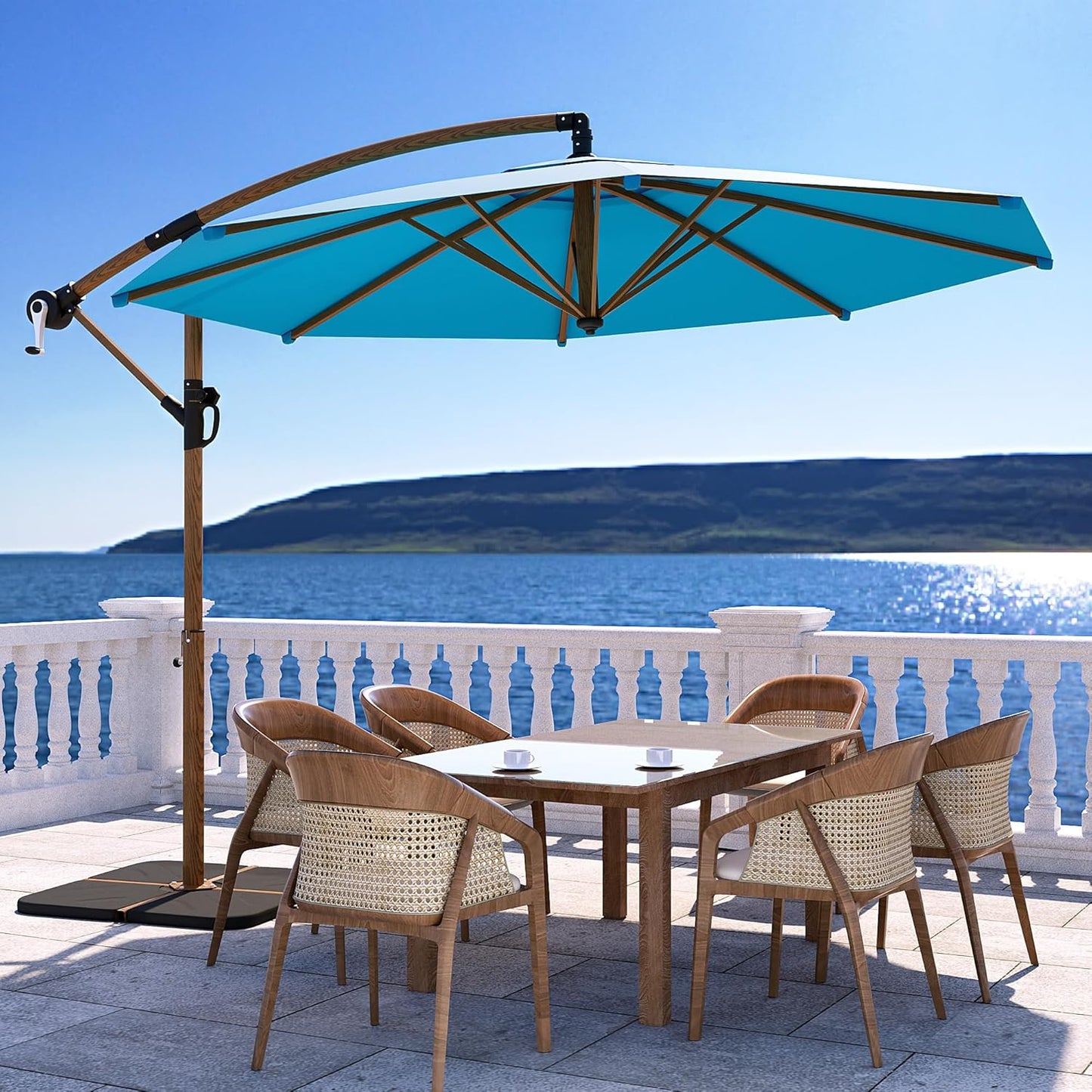 COSIEST 9 x 11.5FT Offset Patio Umbrella, Cantilever Hanging Outdoor Umbrella w/360-degree Rotation, Handy Crank, UV & Waterproof Canopy, 6 Ribs for Market, Backyard, Poolside, Garden