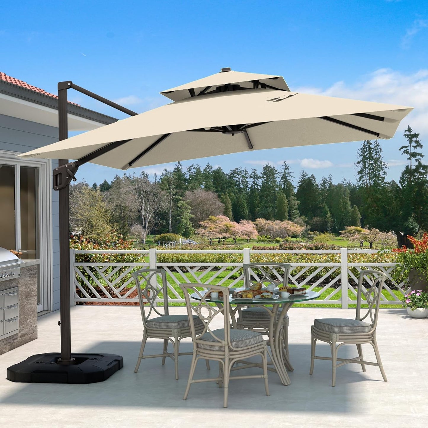 10 X 13 FT Cantilever Patio Umbrella with Base Included Outdoor Heavy Duty Double Top Windproof Rectangle Offset Umbrellas with 360-degree Rotation for Pool Deck Backyard, Beige
