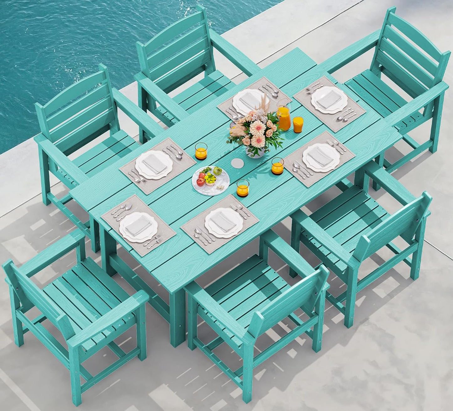 SERWALL 7-Piece Patio Dining Table Sets, Outdoor HDPE Dining Furniture Set with Umbrella Hole Cut-Out Table and 6 Chairs, White