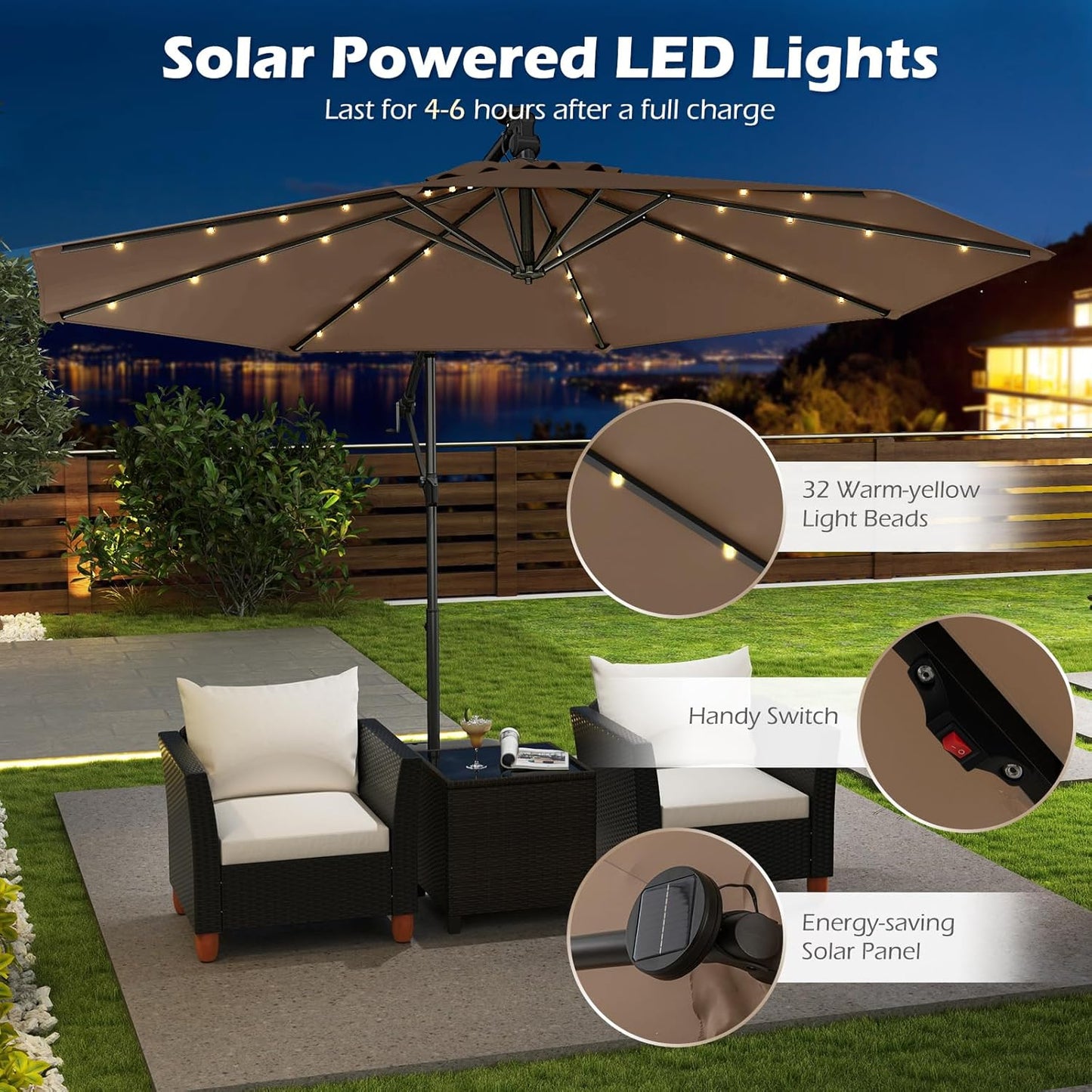 Tangkula 10ft Solar LED Patio Umbrella with Base, Offset Cantilever Outdoor Umbrella with 32 LED Lights, Infinite Tilt, 360 Degree Rotation, Crank Handle for Pool Deck Garden Backyard (Tan)