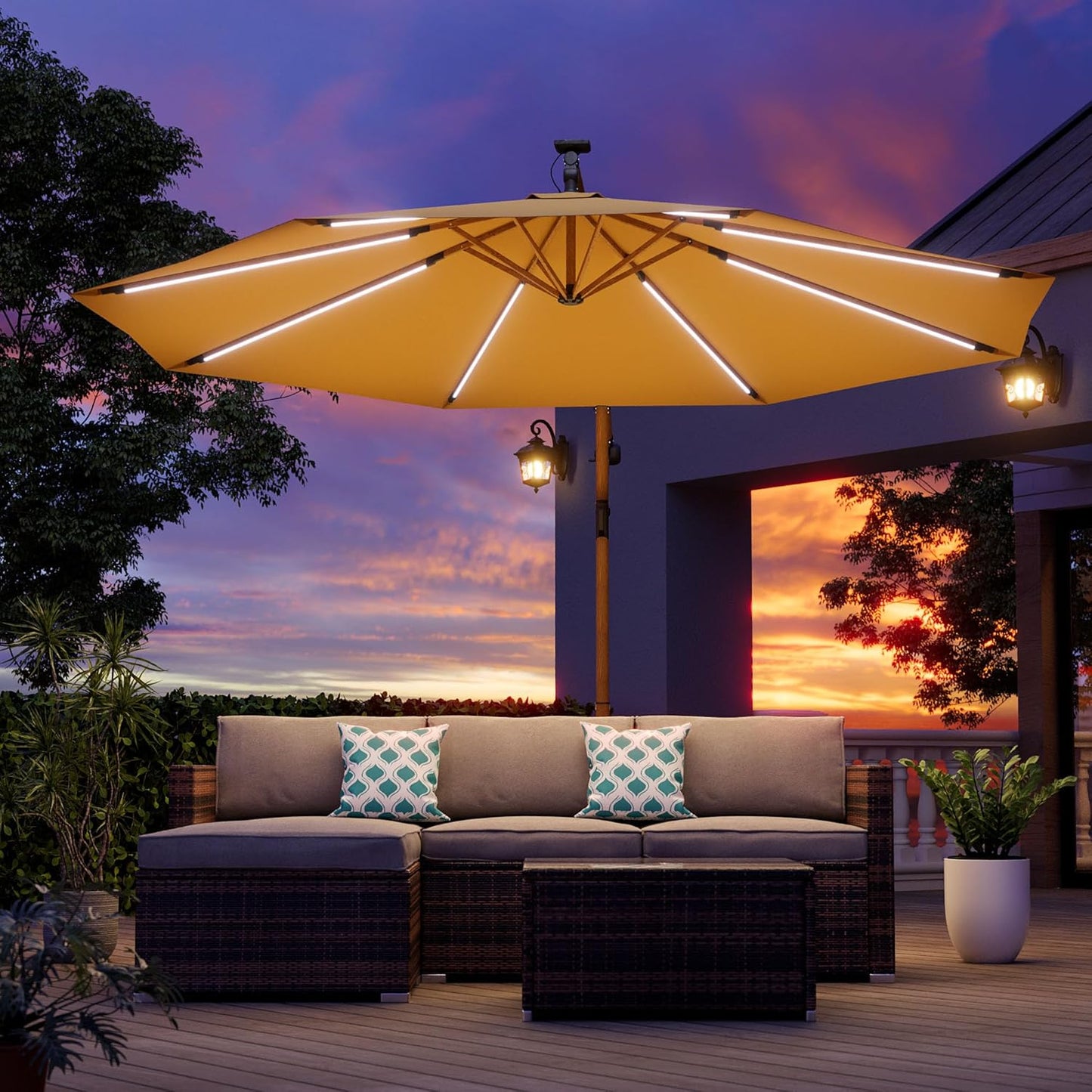 COSIEST 9 x 11.5FT Offset Patio Umbrella, Cantilever Hanging Outdoor Umbrella w/360-degree Rotation, Handy Crank, UV & Waterproof Canopy, 6 Ribs for Market, Backyard, Poolside, Garden