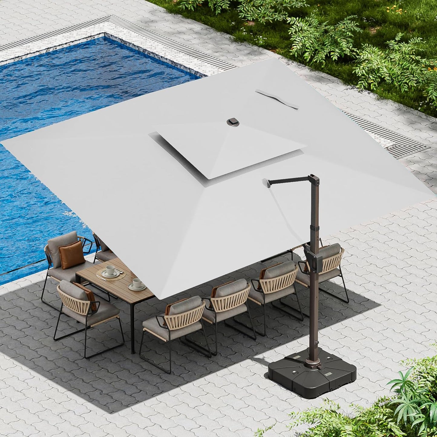 10 X 13 FT Cantilever Patio Umbrella with Base Included Outdoor Heavy Duty Double Top Windproof Rectangle Offset Umbrellas with 360-degree Rotation for Pool Deck Backyard, Beige