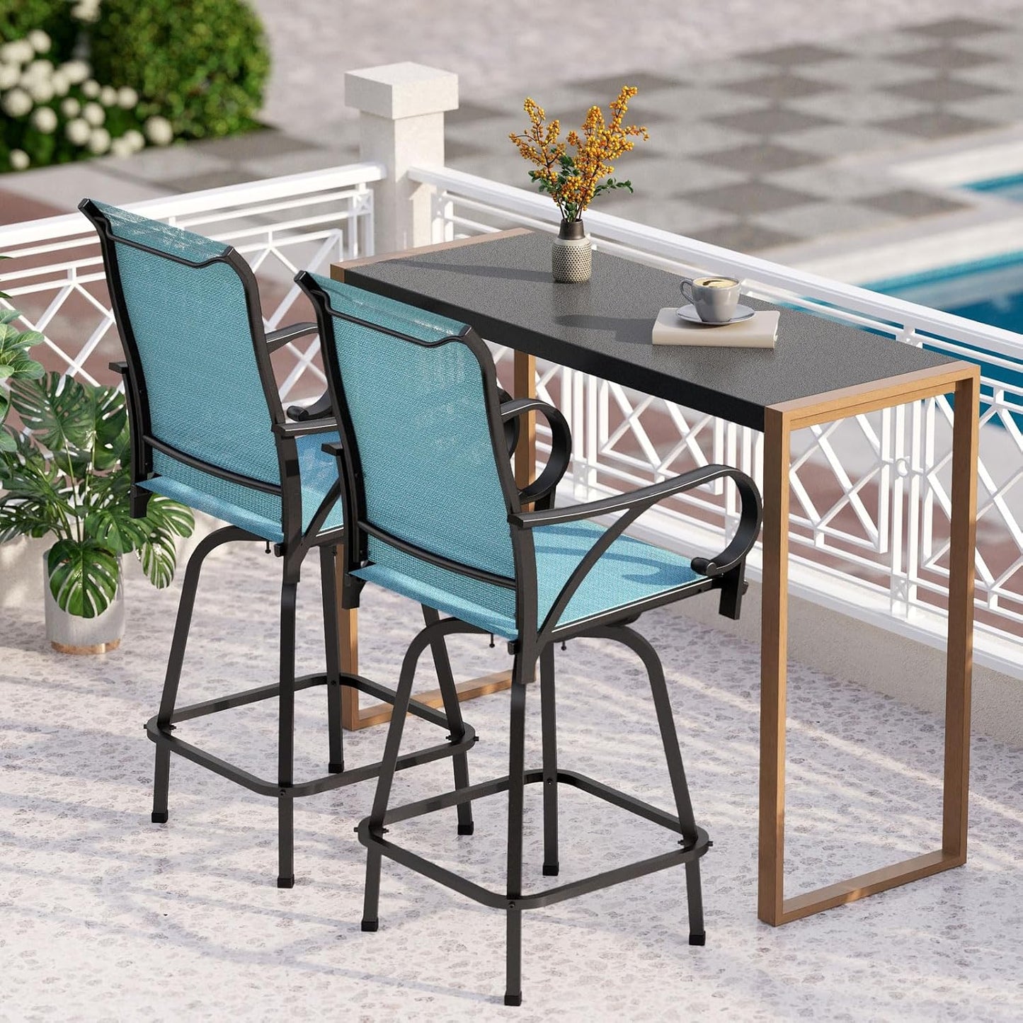 PHI VILLA 7 Piece High Patio Bar Dining Set, Bar Height Outdoor Table and Chairs Patio Furniture Set with 6 Patio Swivel Bar Stools & 40" Table for Garden, Yard and Terrace
