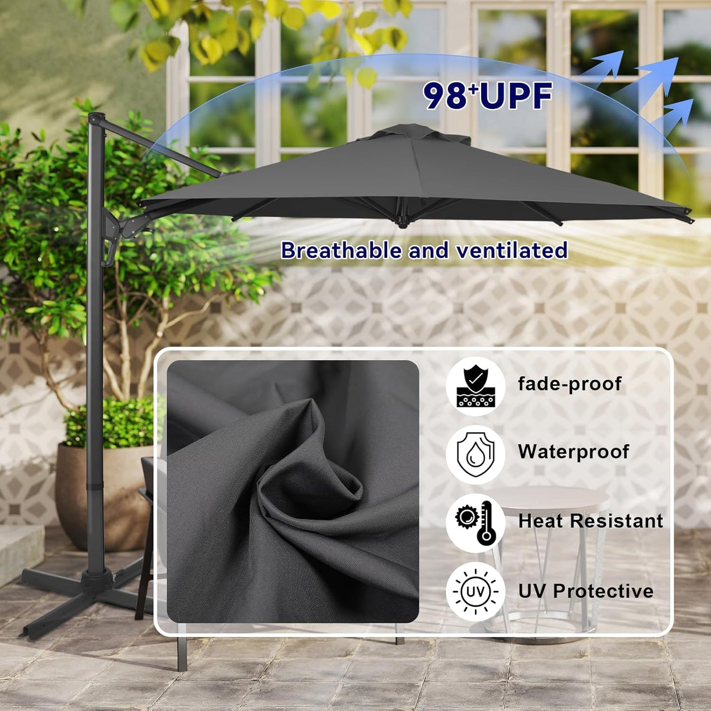 10ft Large Round Cantilever Patio Umbrella with Base Included, Windproof Offset Umbrella with 360°Rotation and 0.07" Thickened Aluminum Pole, Heavy Duty Outdoor Sun Shade for Garden Decks, Patios, Pools