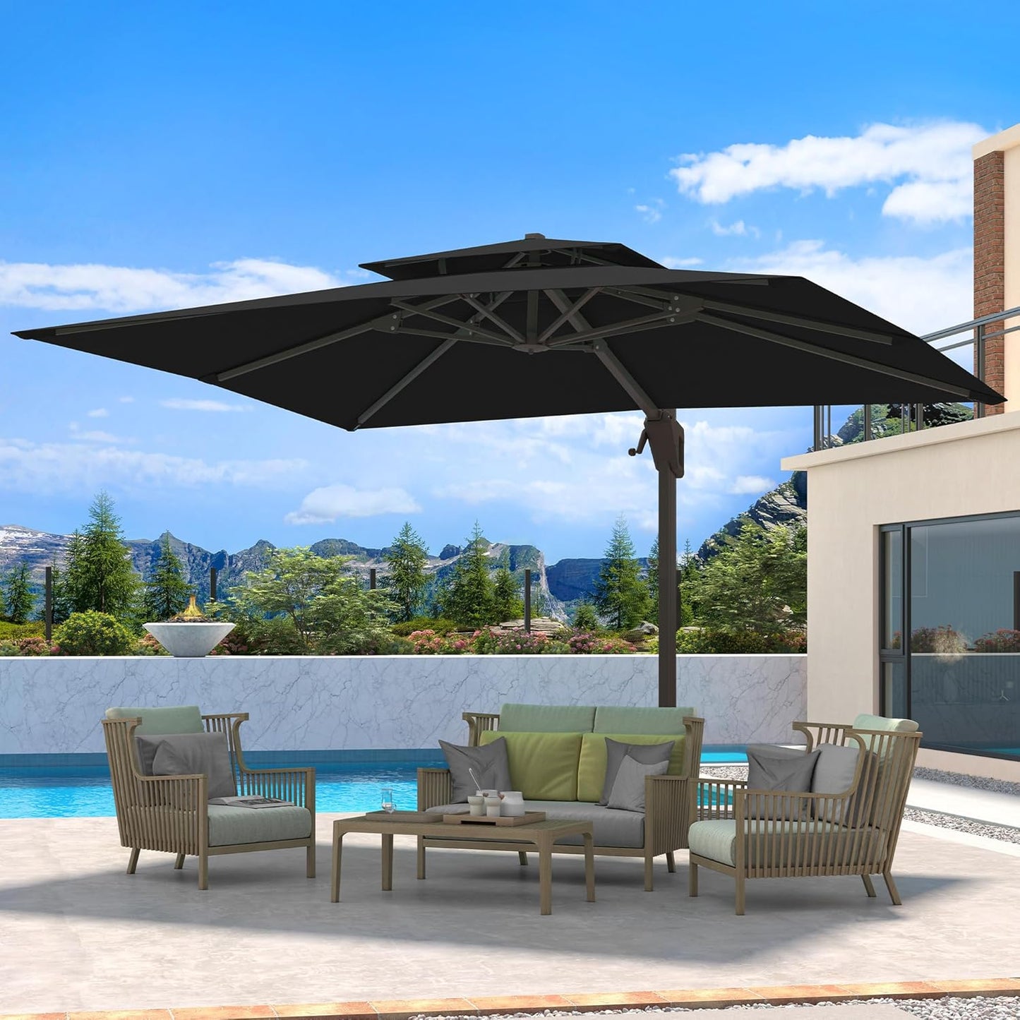 10 X 13 FT Cantilever Patio Umbrella with Base Included Outdoor Heavy Duty Double Top Windproof Rectangle Offset Umbrellas with 360-degree Rotation for Pool Deck Backyard, Beige