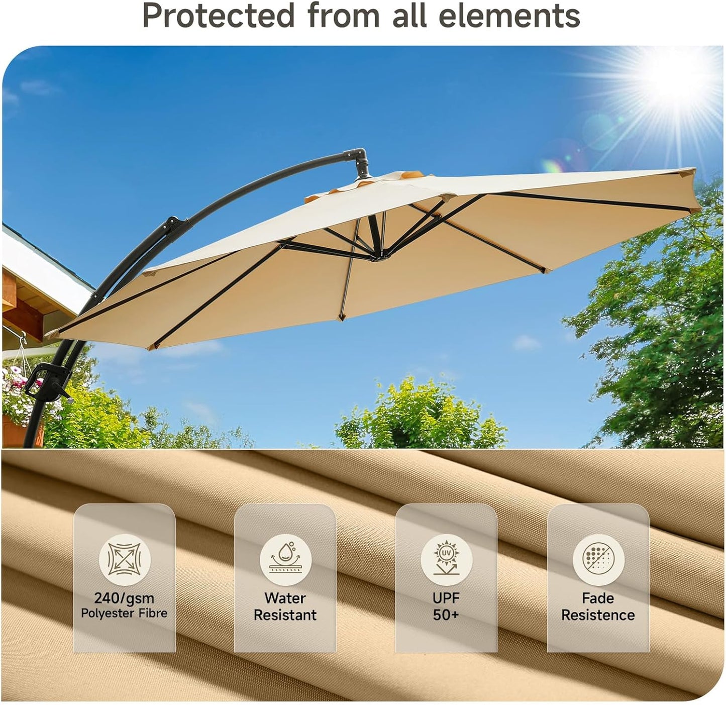 10 FT Cantilever Umbrella with Base Included, Patio Umbrella with Sandbags Base, Sturdy Cantilever Patio Umbrellas, Outdoor Hanging Umbrella for Deck, Pool, Backyard, Garden, 240G/M2, UPF50+