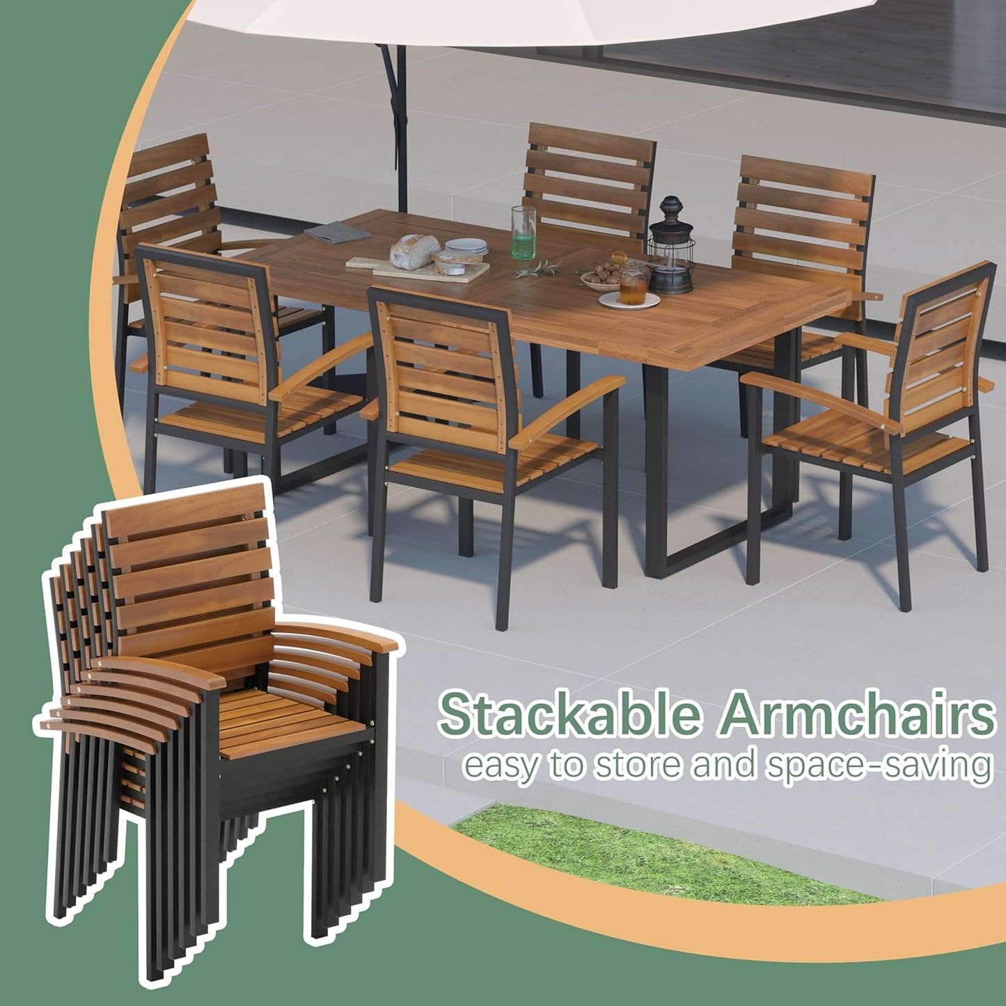 WiberWi 7 Piece Outdoor Dining Set for 6, Acacia Wood 59.1" Patio Table and Chairs Set with Metal Frame, Patio Dining Furniture Set for Garden, Balcony, Backyard, Poolside, Brown & Black