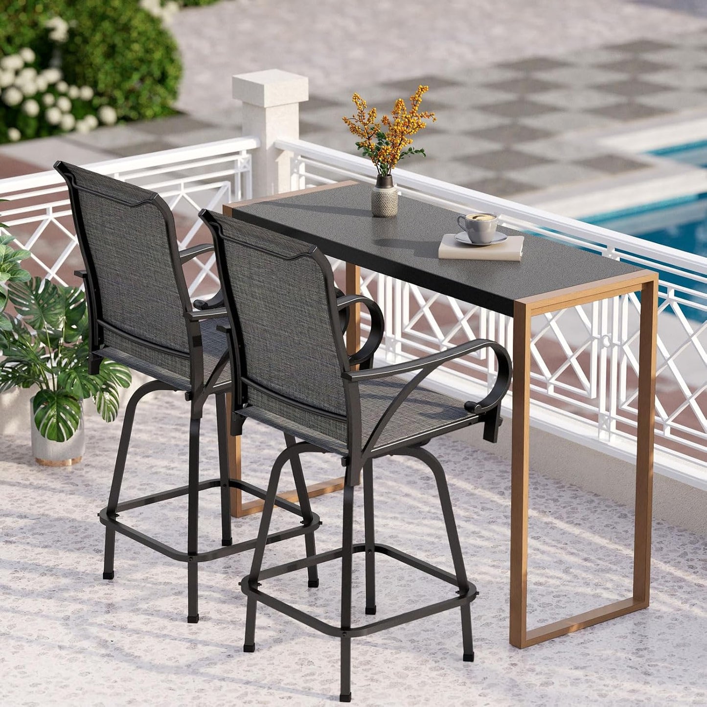 PHI VILLA 7 Piece High Patio Bar Dining Set, Bar Height Outdoor Table and Chairs Patio Furniture Set with 6 Patio Swivel Bar Stools & 40" Table for Garden, Yard and Terrace
