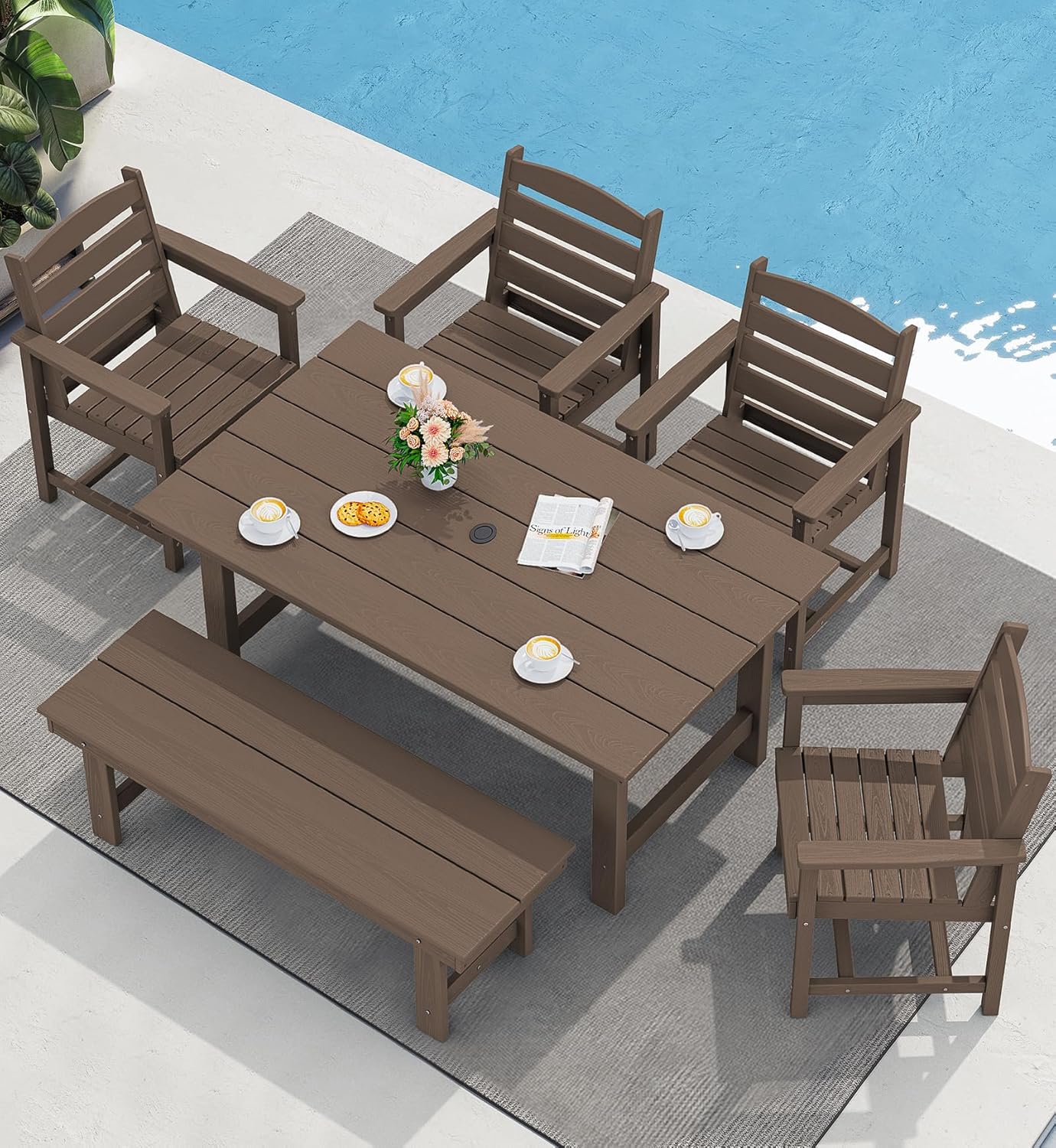 SERWALL 7-Piece Patio Dining Table Sets, Outdoor HDPE Dining Furniture Set with Umbrella Hole Cut-Out Table and 6 Chairs, White