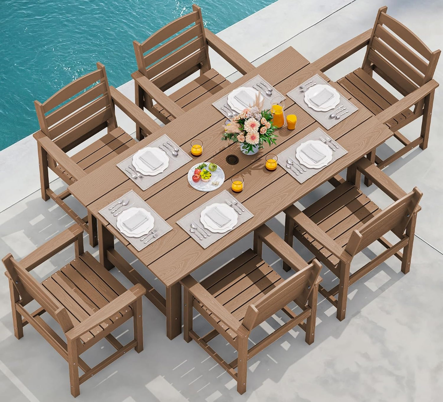 SERWALL 7-Piece Patio Dining Table Sets, Outdoor HDPE Dining Furniture Set with Umbrella Hole Cut-Out Table and 6 Chairs, White