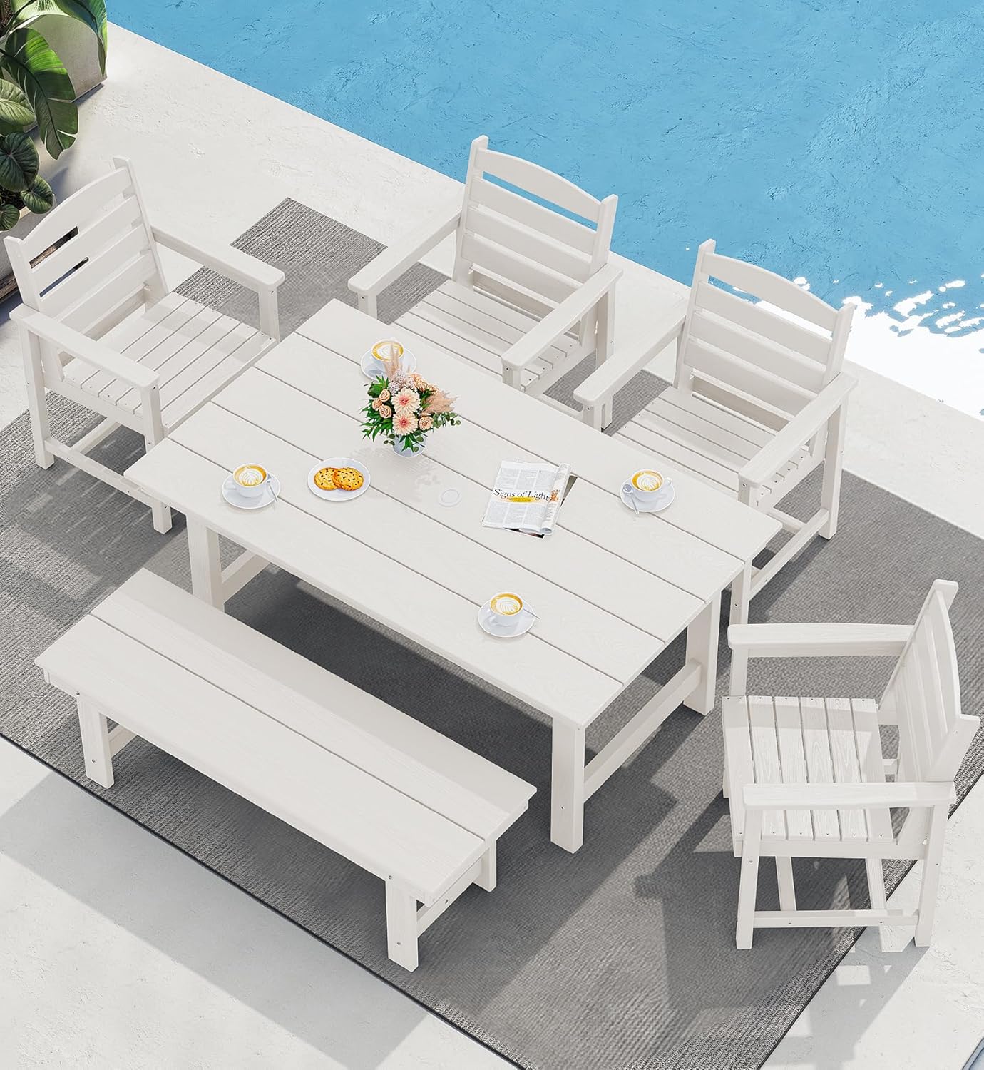 SERWALL 7-Piece Patio Dining Table Sets, Outdoor HDPE Dining Furniture Set with Umbrella Hole Cut-Out Table and 6 Chairs, White