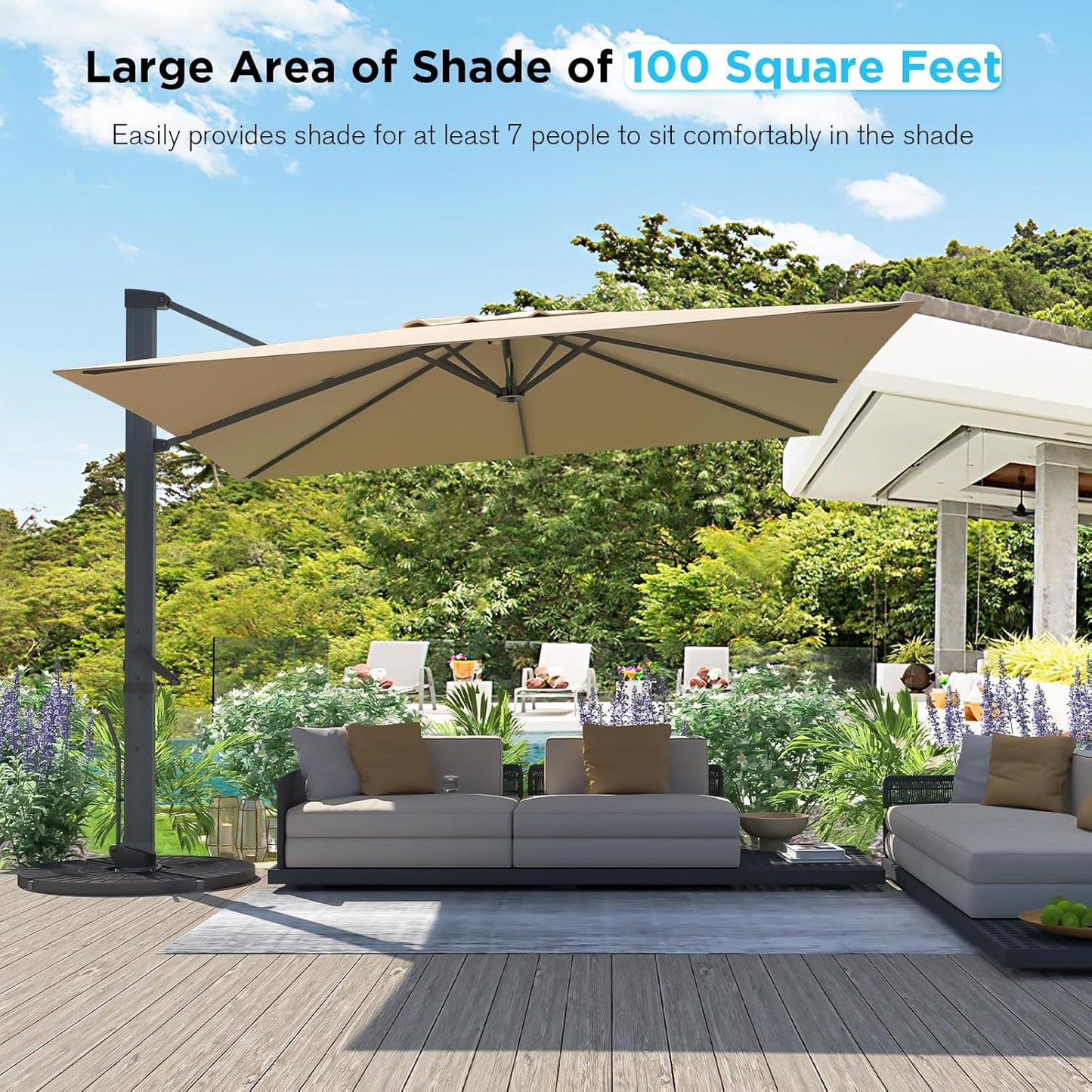 Large 10' X 10' Cantilever Patio Umbrella, 360°Rotation,Large Rectangular Cantilever Patio Umbrellas, Heavy Duty Aluminum Off-Set Patio Umbrella,3 Year Fade Resistant Easy Tilt Sunshade for Deck Patio Pool