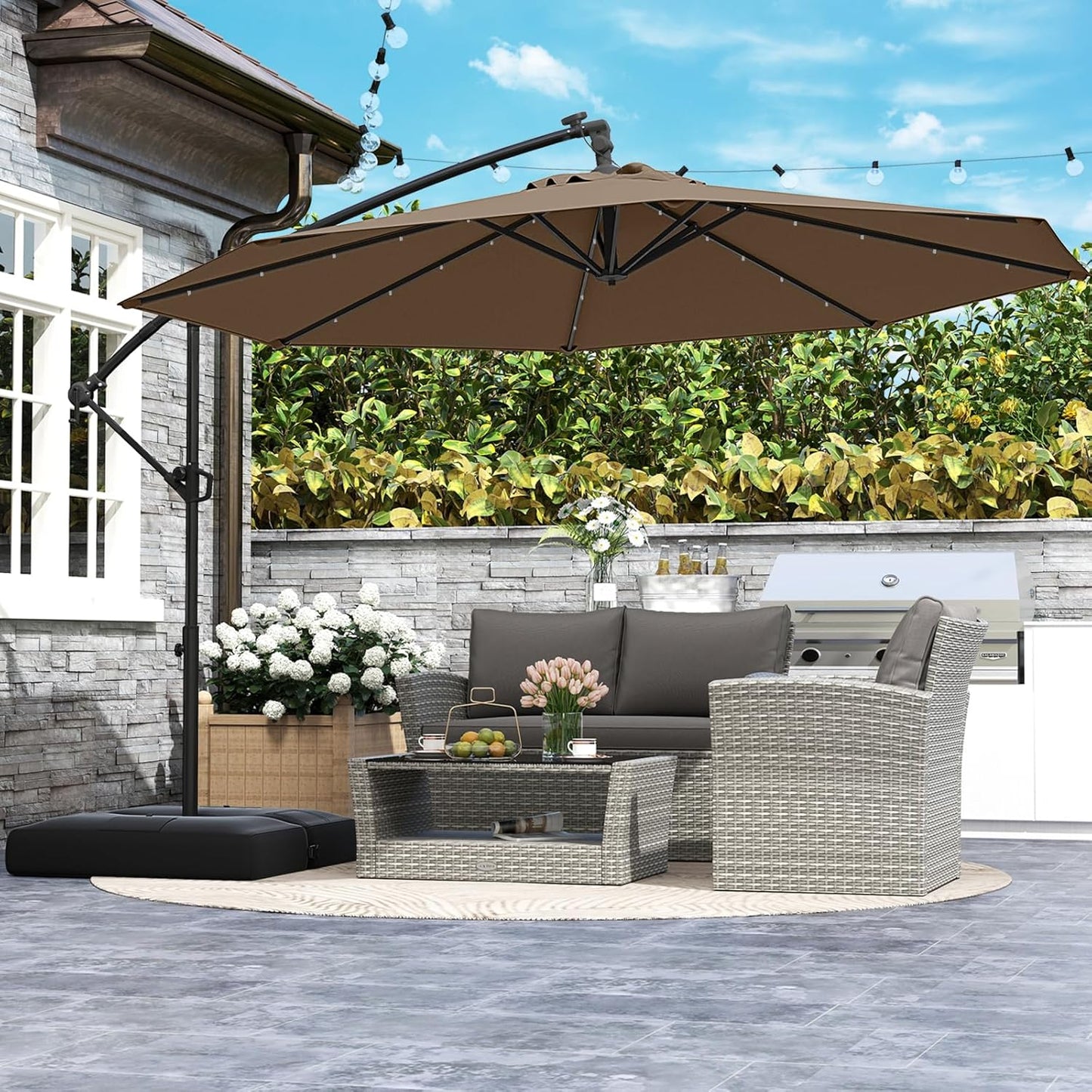 Tangkula 10ft Solar LED Patio Umbrella with Base, Offset Cantilever Outdoor Umbrella with 32 LED Lights, Infinite Tilt, 360 Degree Rotation, Crank Handle for Pool Deck Garden Backyard (Tan)