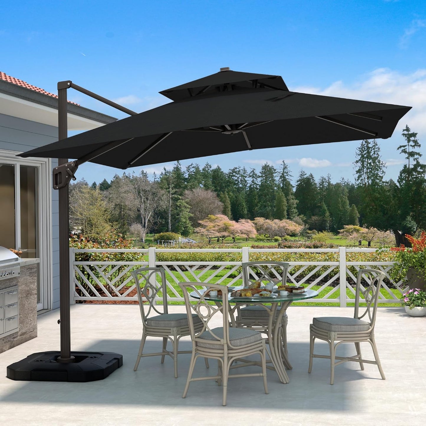 10 X 13 FT Cantilever Patio Umbrella with Base Included Outdoor Heavy Duty Double Top Windproof Rectangle Offset Umbrellas with 360-degree Rotation for Pool Deck Backyard, Beige