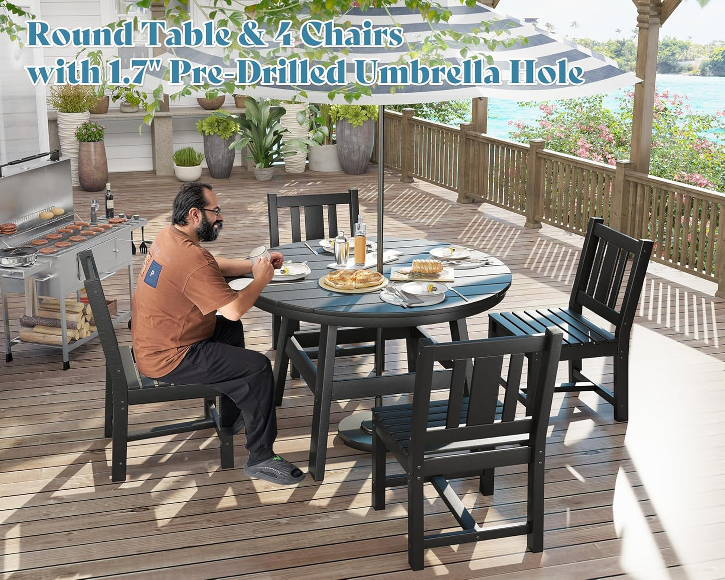AMERLIFE 5 Piece HDPE Outdoor Dining Tables and Chairs, All-Weather Patio Outdoor Furniture with Umbrella Hole, Round Table for Garden, Backyard, Seaside, Black