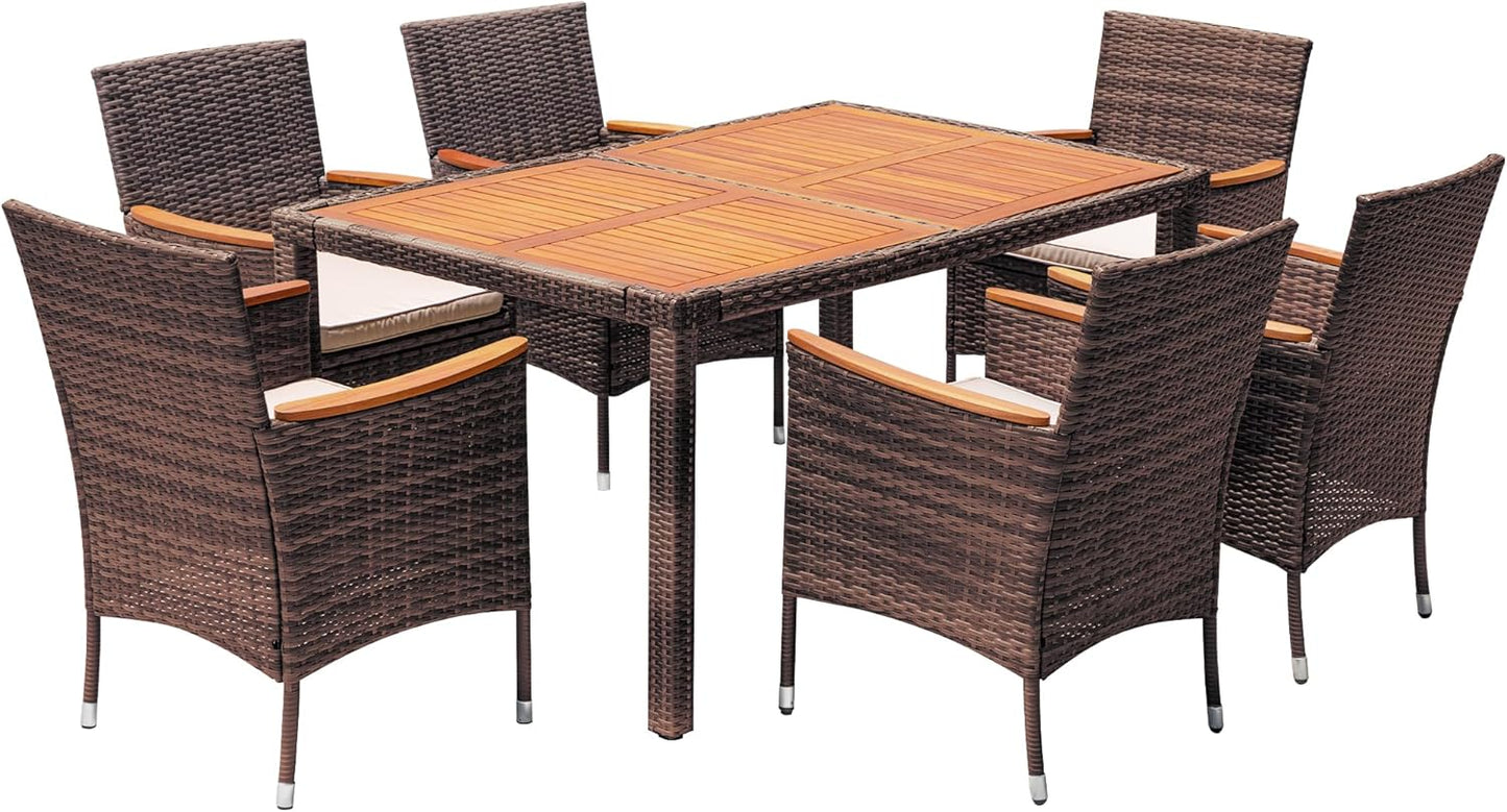 Devoko Outdoor Patio Dining Sets 9 Pieces Wicker Outdoor Dining Table and Chairs Set with Acacia Wood Table Top and Widened Armrests for Backyard, Garden, Deck (Black)