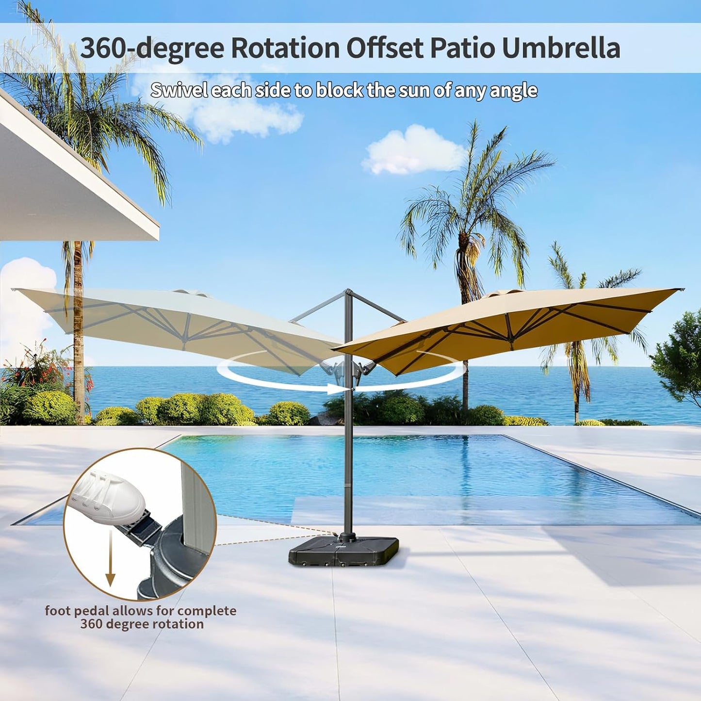 Large 10' X 10' Cantilever Patio Umbrella, 360°Rotation,Large Rectangular Cantilever Patio Umbrellas, Heavy Duty Aluminum Off-Set Patio Umbrella,3 Year Fade Resistant Easy Tilt Sunshade for Deck Patio Pool
