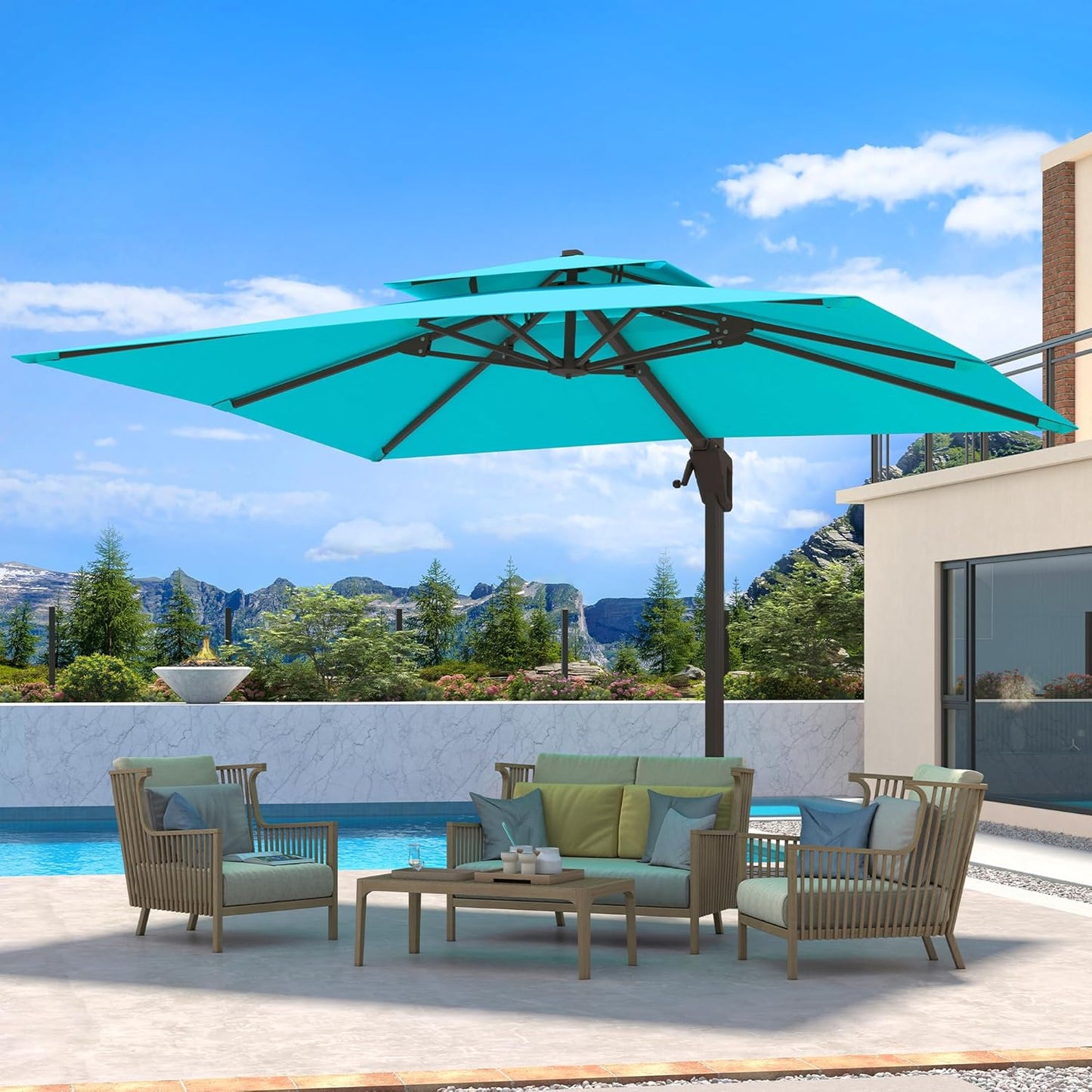 10 X 13 FT Cantilever Patio Umbrella with Base Included Outdoor Heavy Duty Double Top Windproof Rectangle Offset Umbrellas with 360-degree Rotation for Pool Deck Backyard, Beige