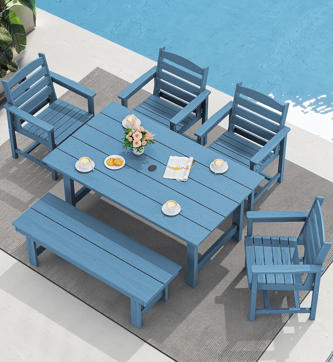 SERWALL 7-Piece Patio Dining Table Sets, Outdoor HDPE Dining Furniture Set with Umbrella Hole Cut-Out Table and 6 Chairs, White