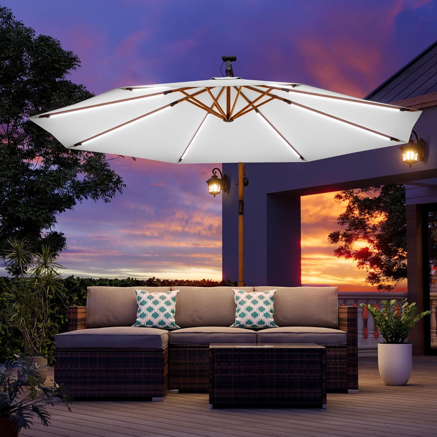 COSIEST 9 x 11.5FT Offset Patio Umbrella, Cantilever Hanging Outdoor Umbrella w/360-degree Rotation, Handy Crank, UV & Waterproof Canopy, 6 Ribs for Market, Backyard, Poolside, Garden