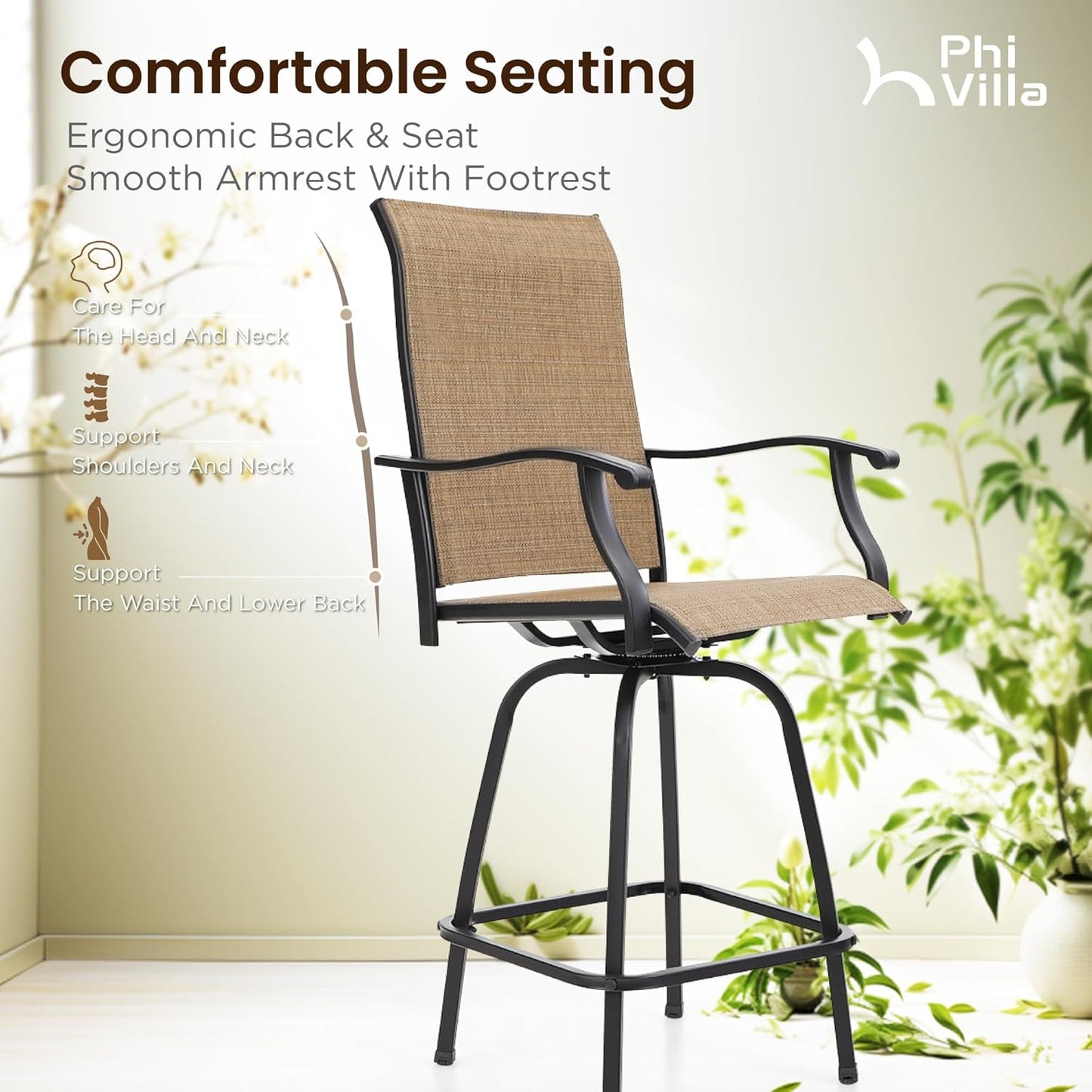 PHI VILLA 7 Piece High Patio Bar Dining Set, Bar Height Outdoor Table and Chairs Patio Furniture Set with 6 Patio Swivel Bar Stools & 40" Table for Garden, Yard and Terrace