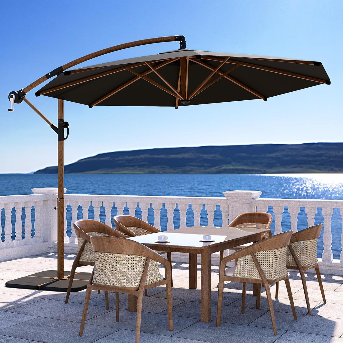 COSIEST 9 x 11.5FT Offset Patio Umbrella, Cantilever Hanging Outdoor Umbrella w/360-degree Rotation, Handy Crank, UV & Waterproof Canopy, 6 Ribs for Market, Backyard, Poolside, Garden