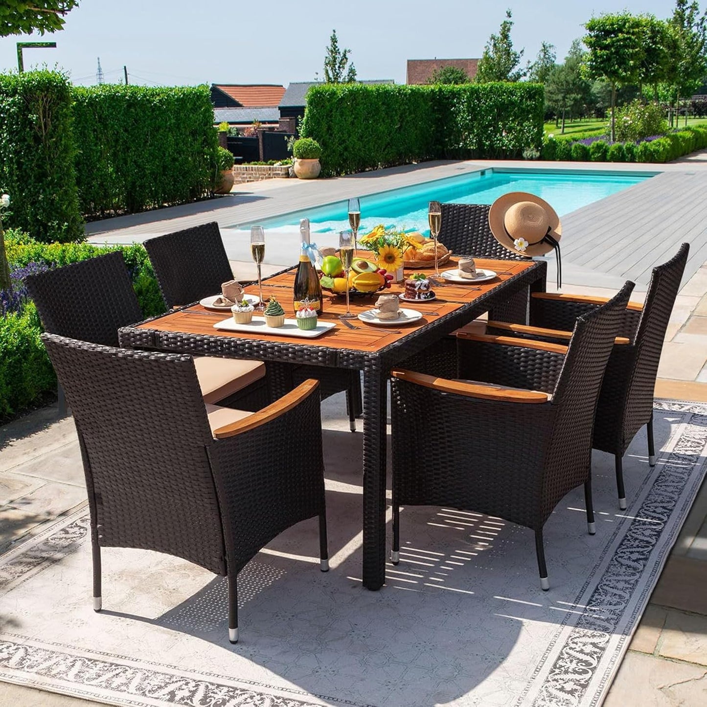 Devoko Outdoor Patio Dining Sets 9 Pieces Wicker Outdoor Dining Table and Chairs Set with Acacia Wood Table Top and Widened Armrests for Backyard, Garden, Deck (Black)