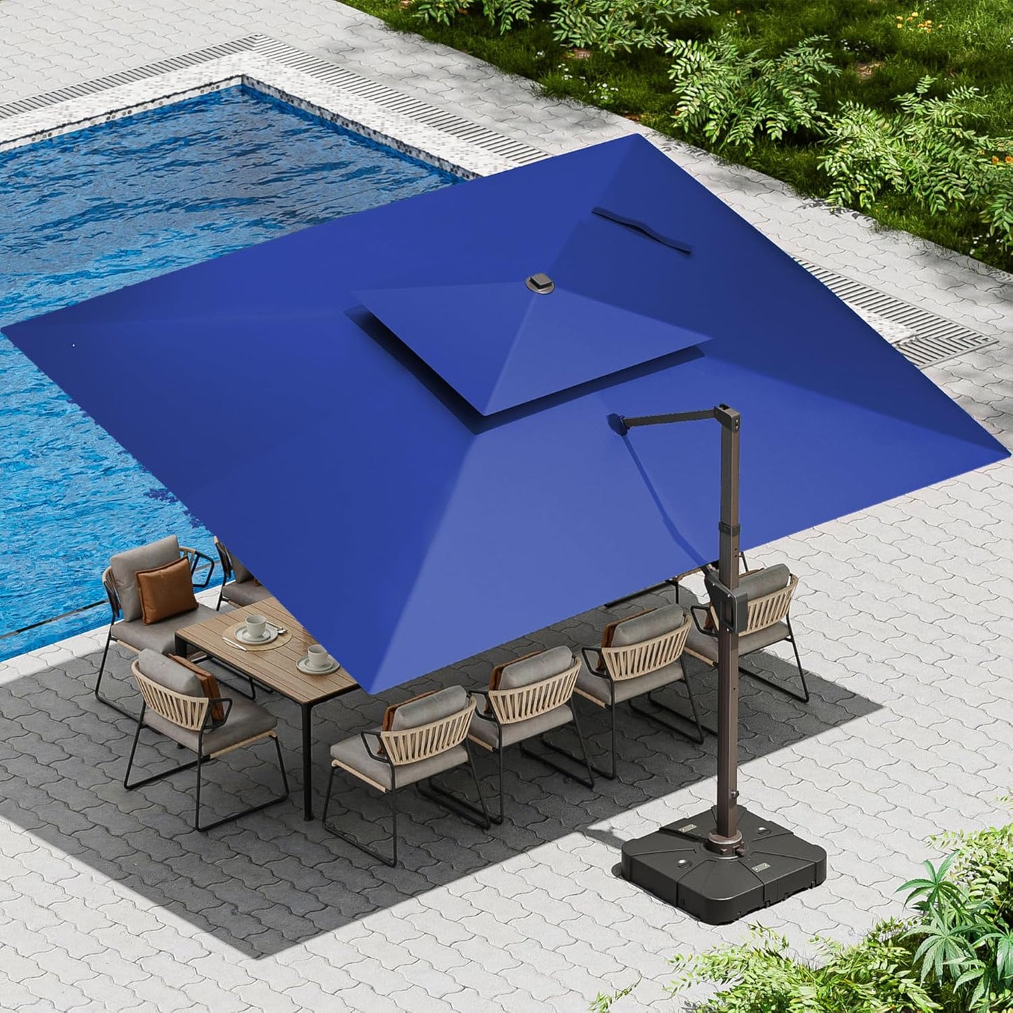 10 X 13 FT Cantilever Patio Umbrella with Base Included Outdoor Heavy Duty Double Top Windproof Rectangle Offset Umbrellas with 360-degree Rotation for Pool Deck Backyard, Beige